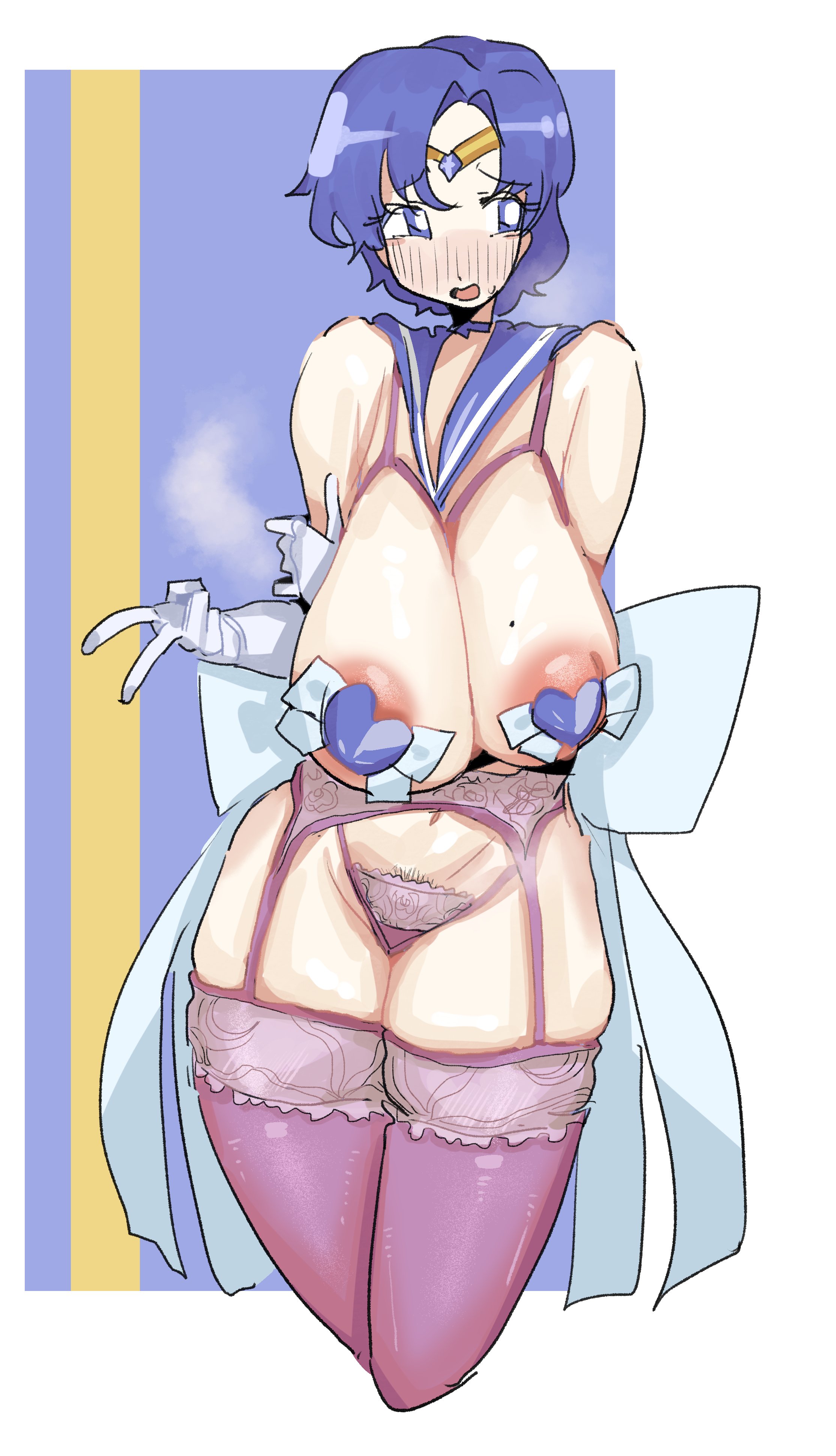 ami mizuno, ass, bishoujo senshi sailor moon, blue pasties, breasts, cleavage, cupless bra, female, heart pasties, huge ass, huge breasts, large breasts, leebongchun, lingerie, panties, pasties, sailor mercury, stockings, thick thighs, thighhighs, wide hips