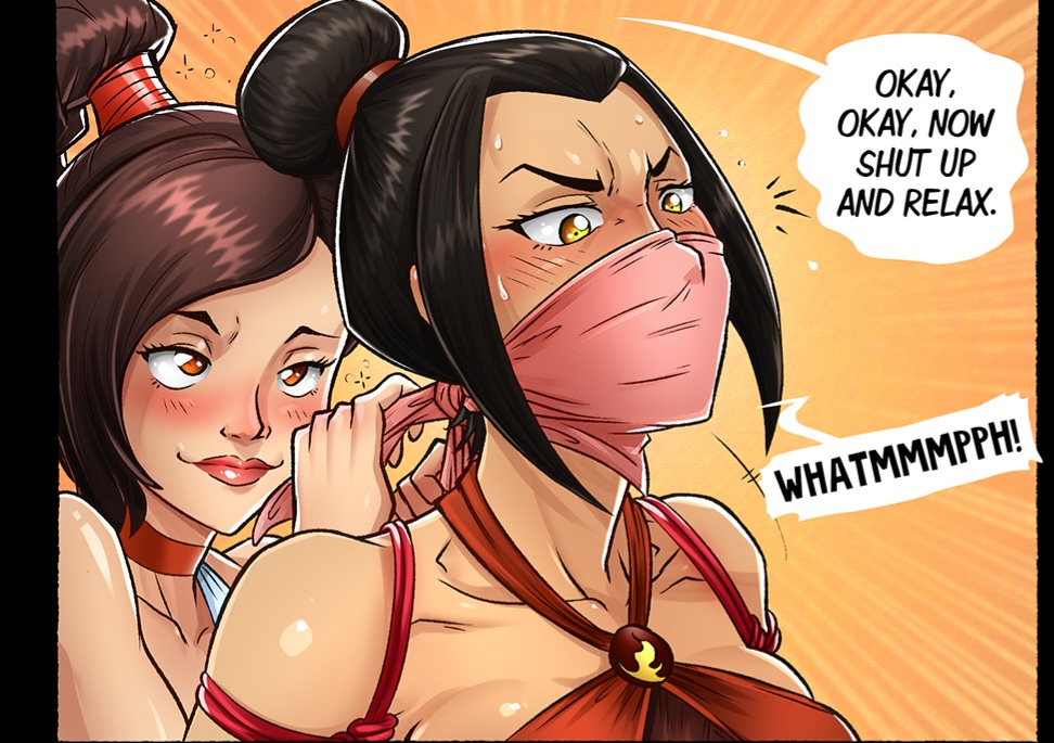 2girls avatar_legends avatar_the_last_airbender azula bondage comic drunk english_text female female_only fire_nation gag gagged gagged_speech gagging over_the_mouth_gag over_the_nose_gag questionable_consent speech_bubble text ty_lee yuri