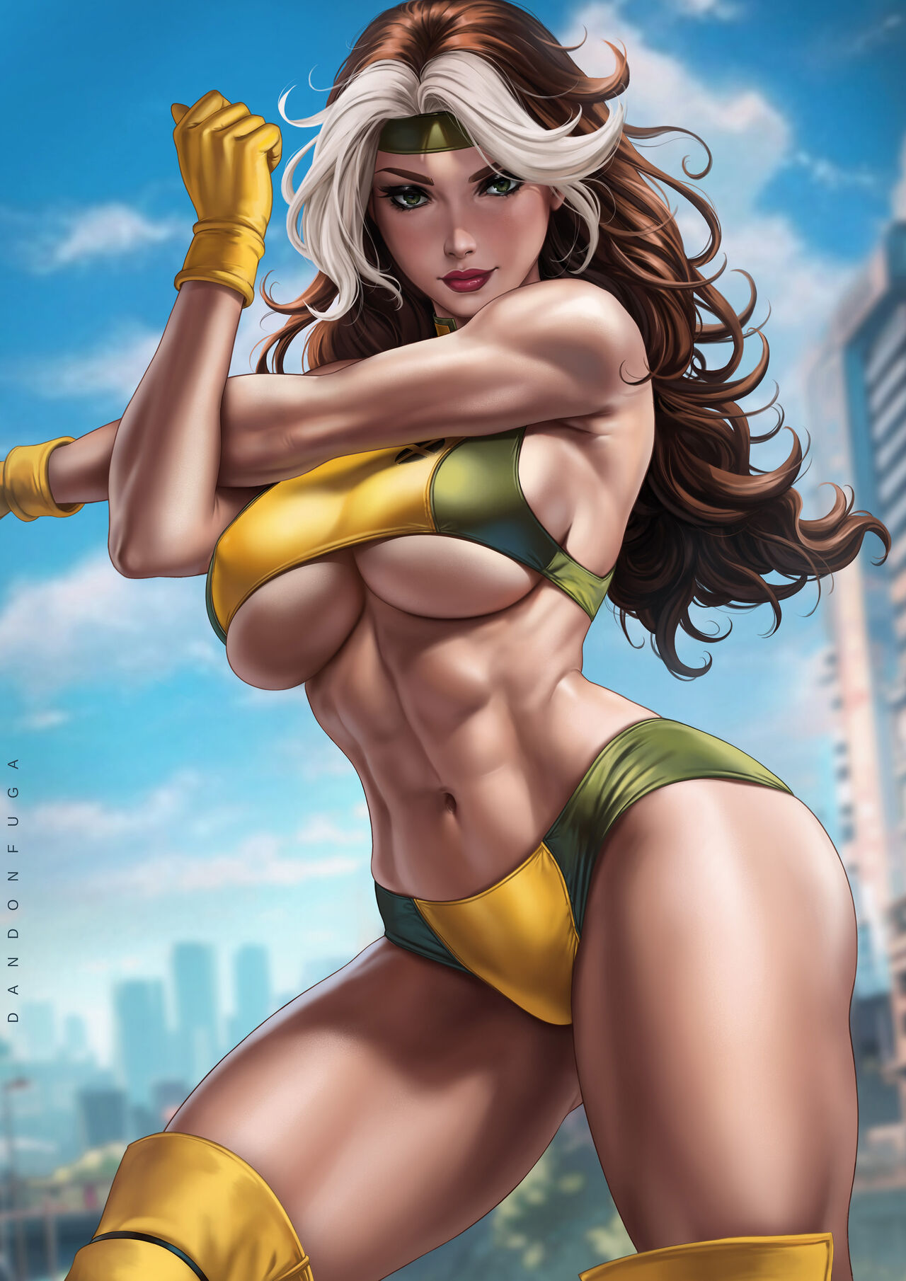 1girls abs absurd_res absurdres anna_marie bare_arms bare_shoulders belt big_breasts bodysuit boots breasts brown_hair busty child_bearing_hips city_background clothed clothed_female clothing dandon_fuga female female_focus female_only fit fit_female green_bodysuit green_clothes green_clothing green_eyes high_resolution highres hips large_breasts large_filesize light-skinned_female light_skin looking_at_viewer marvel marvel_comics muscular muscular_arms muscular_female outdoors outside red_lips red_lipstick rogue_(x-men) stretching stretching_arms superheroine thick_thighs thigh_boots thighs thunder_thighs thunderthighs toned toned_arms toned_body toned_female two_tone_bodysuit two_tone_clothing two_tone_hair very_high_resolution white_hair x-men yellow_boots