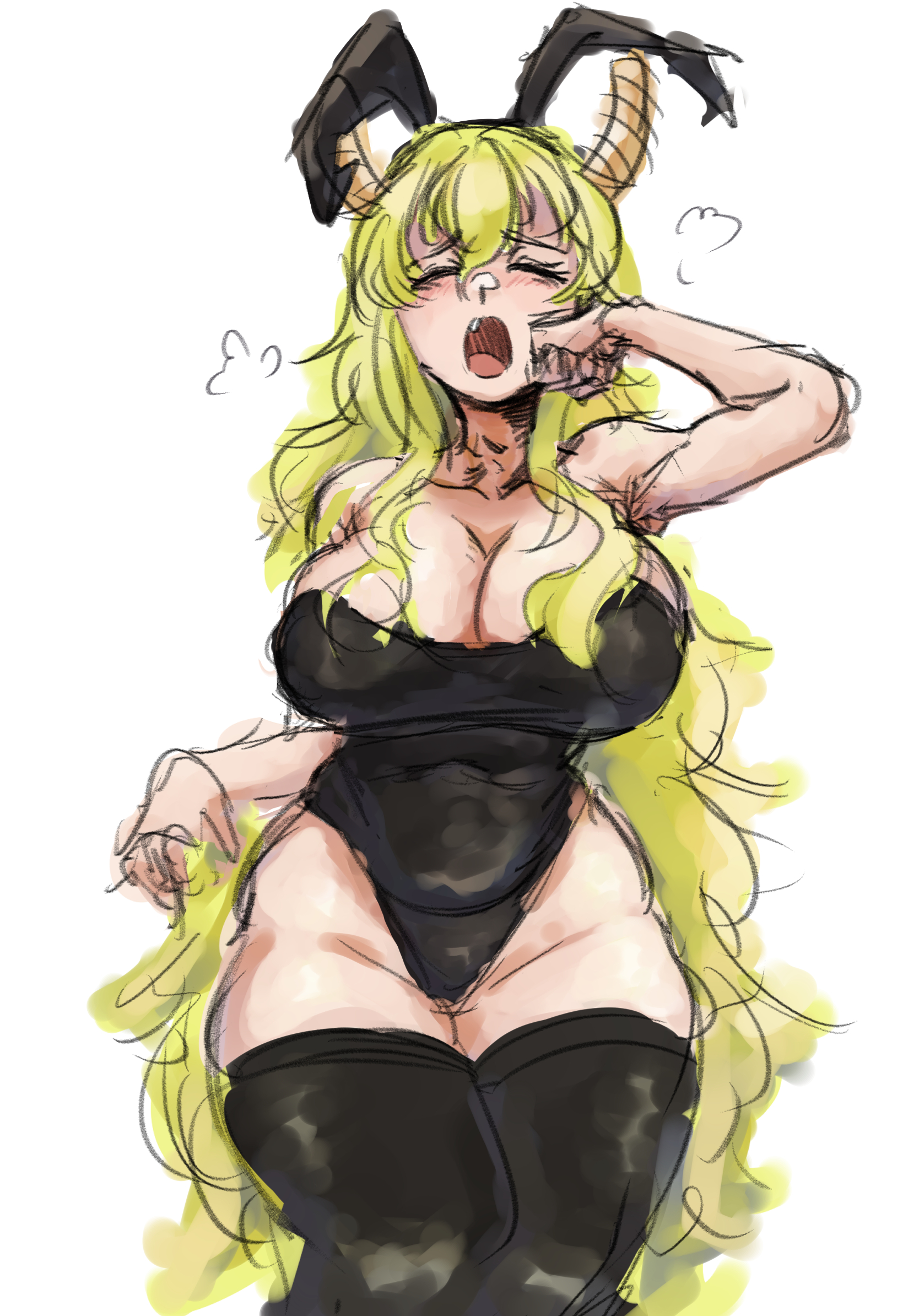 1girls, 2023, arm up, armpits, big breasts, blonde hair, blush, breasts, bunny ears, bunnysuit, busty, cleavage, closed eyes, clothed, clothed female, clothes, clothing, colored sketch, curvaceous, curvy, curvy female, eyes closed, female, front view, fully clothed, hair, hand to own mouth, hi res, horn, horned humanoid, horns, hourglass figure, huge breasts, humanoid, large breasts, legs together, legwear, leotard, light skin, light-skinned female, limb0 o, long hair, miss kobayashi's dragon maid, open mouth, quetzalcoatl (dragon maid), raised arm, simple background, sketch, skin tight, solo, standing, thick, thick thighs, thighhighs, thighs, tight clothing, tired, tongue, very long hair, voluptuous, white background, wide hips, yawn