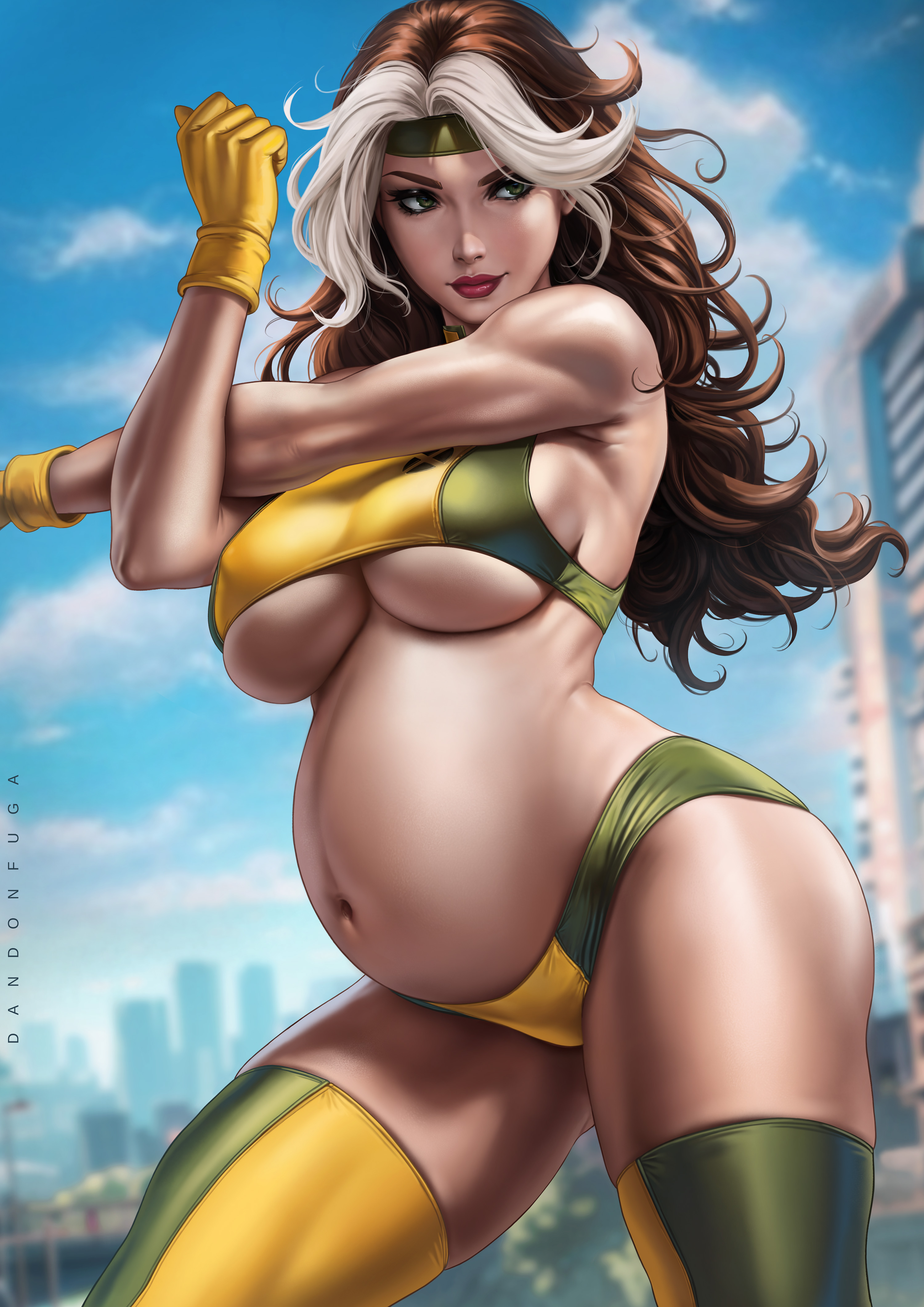 1girls, absurd res, absurdres, anna marie, athletic, athletic female, bare arms, bare shoulders, belly, big belly, big breasts, breasts, brown hair, busty, child bearing hips, city background, clothed, clothed female, clothing, dandon fuga, female, female focus, female only, fit, fit female, green bra, green clothes, green clothing, green eyes, green thighhighs, high resolution, highres, hips, huge belly, large belly, large breasts, large filesize, light skin, light-skinned female, marvel, marvel comics, muscular, muscular arms, muscular female, mutant, outdoors, outside, pregnancy, pregnant, pregnant belly, pregnant female, red lips, red lipstick, rogue (x-men), round belly, solo, solo female, solo focus, sports bra, sportswear, stretching, stretching arms, superheroine, thick thighs, thigh boots, thighhighs, thighs, thunder thighs, thunderthighs, toned, toned arms, toned body, toned female, two-tone clothing, two-tone hair, underboob, very high resolution, white hair, x-men