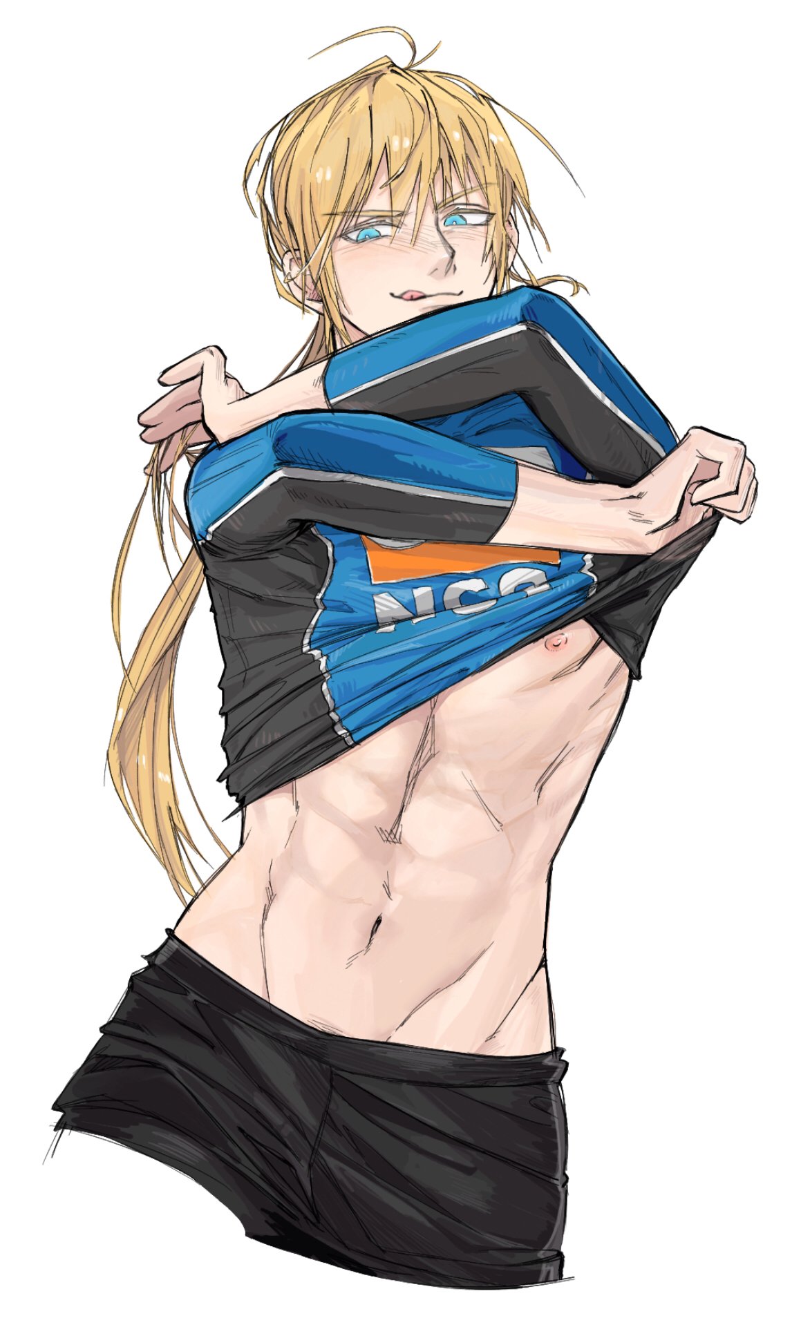 androgynous bishonen blonde_hair blush imai_cosmo kengan_(series) kengan_ashura kengan_omega long_hair long_hair_male looking_at_viewer male male_only maniko390 ponytail rash_guard shirt_lift shirt_up solo sportswear tight_clothing toned_male tongue_out undressing