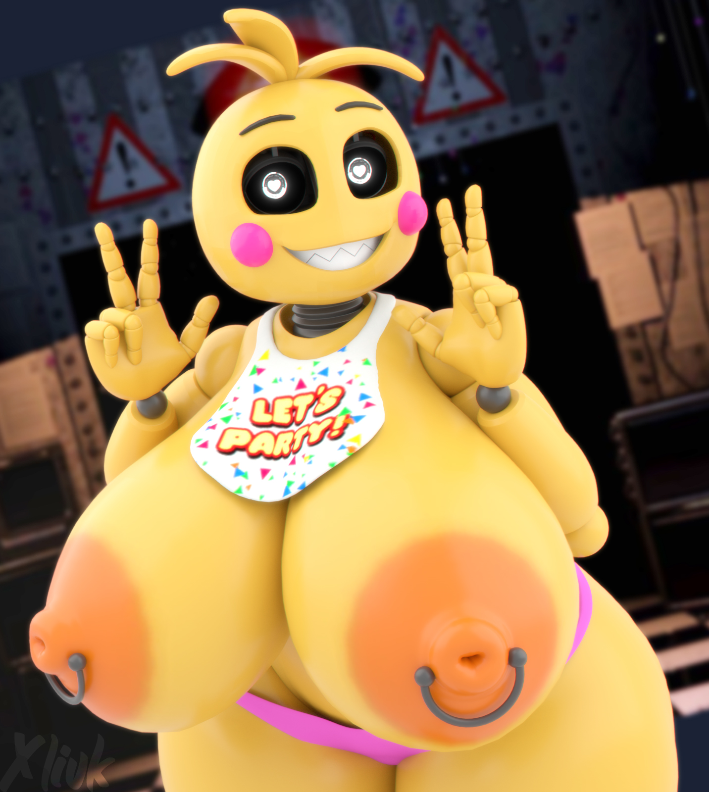 1girls, 3d, animatronic, bib, big breasts, black sclera, blush, blush stickers, breasts, chicken, double v, female, five nights at freddy's, five nights at freddy's 2, furry, heart-shaped pupils, huge breasts, hyper, hyper breasts, looking at viewer, lovetaste chica, nipple piercing, nipples, peace sign, pierced nipples, piercing, robot girl, sharp teeth, smile, solo, thick thighs, topless, toy chica (fnaf), toy chica (love taste), wide hips, yellow body