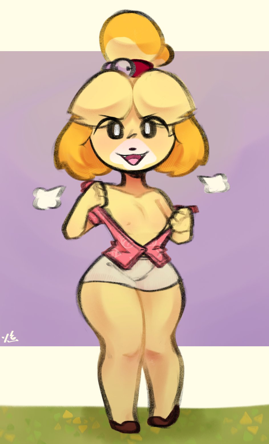 1girls, animal crossing, black eyes, blonde hair, breasts, canine, female, female focus, female only, flat chest, furry, isabelle (animal crossing), nintendo, nipples, open shirt, shirt, skirt, thick thighs, thighs, tofuuu, tofuuucubed, undressing, wide hips, yellow fur