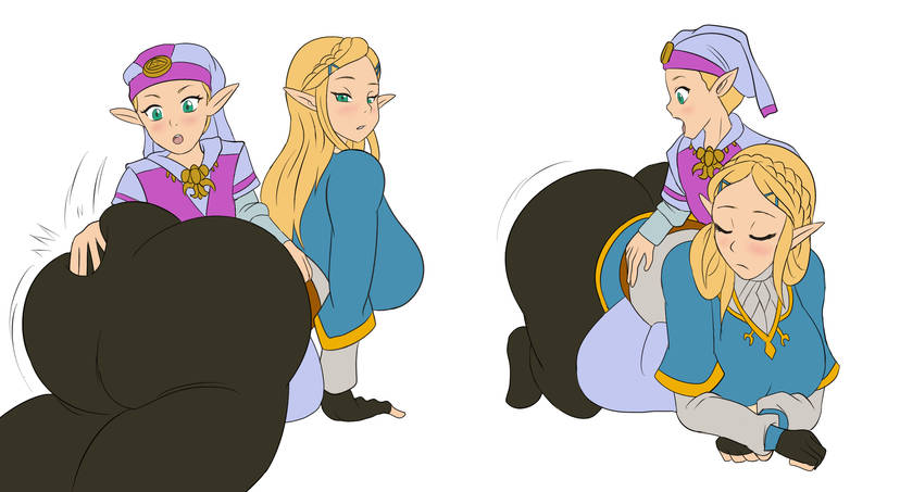 big_ass big_butt black_yoga_pants blonde_hair bootijuse breath_of_the_wild closed_eyes elf_ears elf_female green_eyes huge_ass jiggling_ass long_hair looking_back ocarina_of_time open_mouth over_the_knee_spanking princess princess_zelda spanking the_legend_of_zelda white_background young_zelda zelda_(breath_of_the_wild)