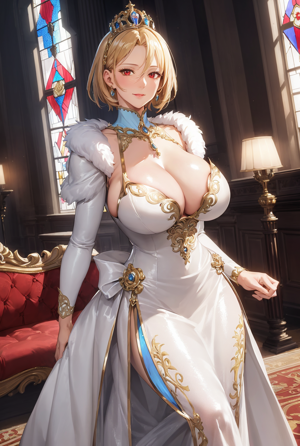 1girls, ai generated, blonde hair, breasts, dress, female, female focus, female only, fur, fur trim, huge breasts, looking at viewer, milf, queen, red eyes, seductive look, short hair, side slit, stable diffusion, voluptuous, voluptuous female