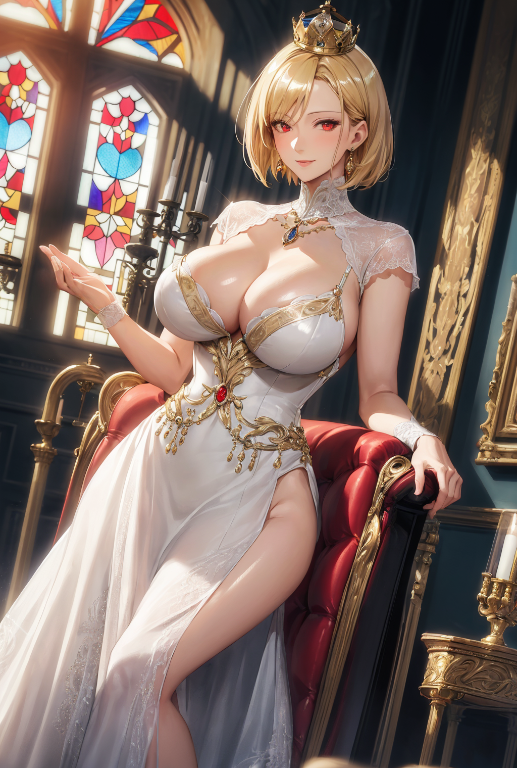 1girls, ai generated, blonde hair, breasts, cleavage, dress, female, female focus, female only, huge breasts, looking at viewer, mature female, milf, queen, seductive look, short hair, stable diffusion, throne, voluptuous, voluptuous female