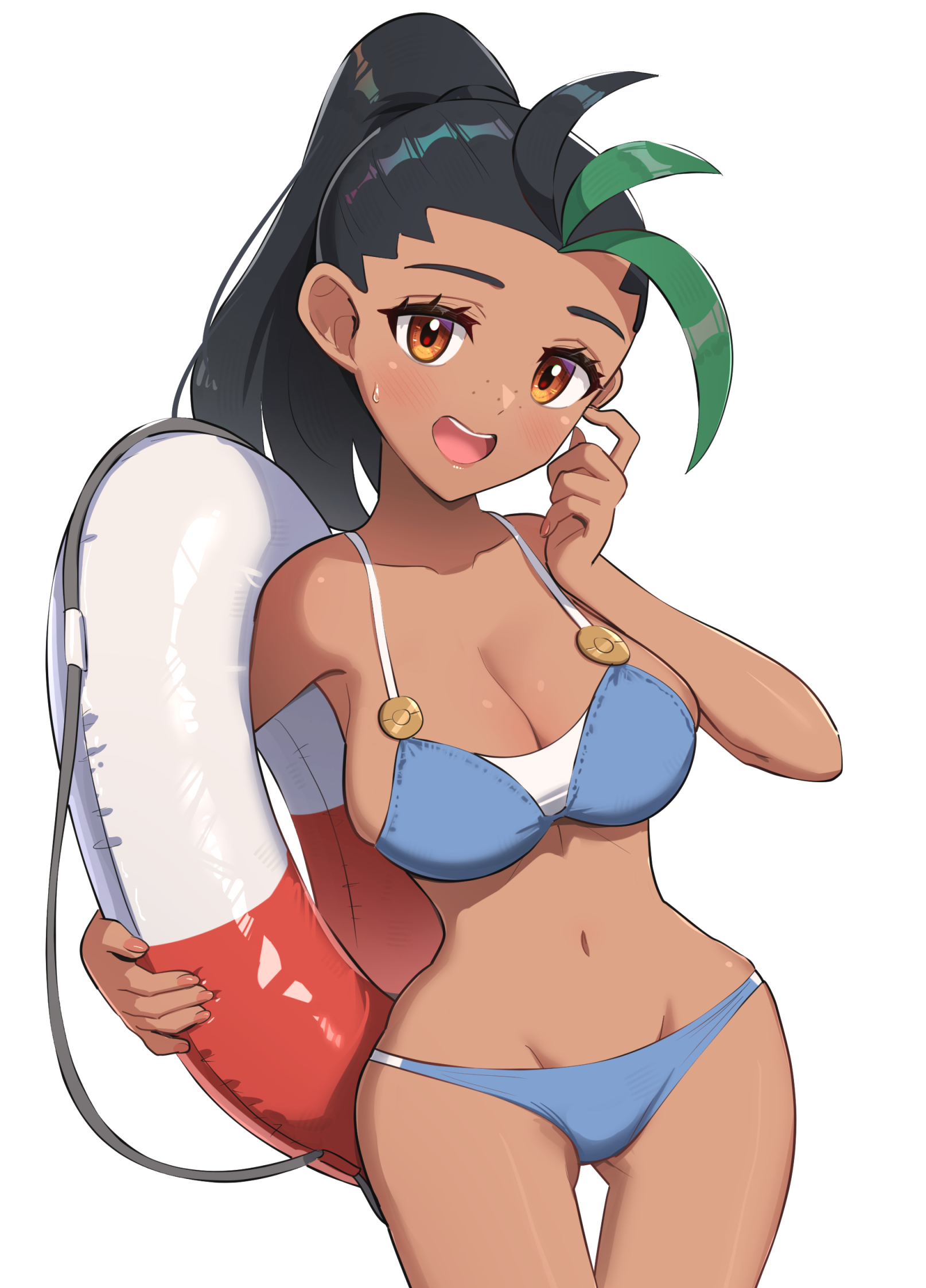 1girls, bikini, black hair, breasts, brown eyes, brown skin, female, game freak, gonzarez, large breasts, long hair, nemona (pokemon), nintendo, pokemon, pokemon sv, smile, thighs