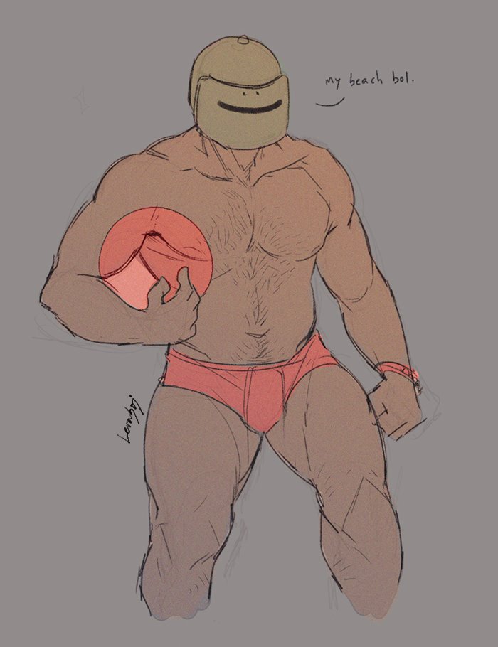 1boy beach_ball body_hair bracelet helmet levasoj male male_only muscular muscular_male pin_up plain_background rainbow_six rainbow_six_siege solo solo_male speedo swimsuit tachanka_(rainbow_six) text