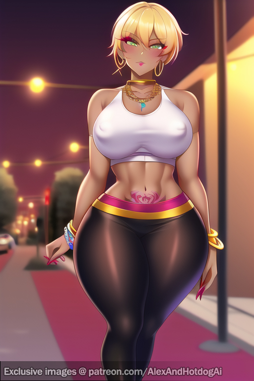 abs, aged up, ai generated, alexandhotdogai, bimbo, bimbo lips, bimbofication, blonde hair, bracelet, bracelets, breasts, city, enormous breasts, fake nails, female, gold jewelry, gold necklace, green eyes, hoop earrings, huge breasts, hypnosis, hypnotized, jewelry, large breasts, lipstick, long nails, milf, mind control, novelai, painted nails, plump lips, pubic tattoo, short hair, sports bra, street, street lamp, transformation, wide hips, yoga pants