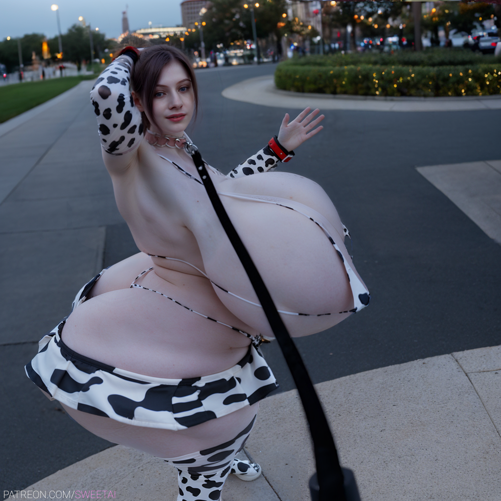 1boy, 1girls, ai generated, armpits, ass, big ass, big breasts, big butt, bondage, breasts, claire redfield, cleavage, couple, cow print, female, girlfriend, huge ass, huge breasts, leash, light skin, light-skinned female, long sleeves, looking at viewer, male, outdoors, outside, pale skin, pale-skinned female, pet play, pov, resident evil, size difference, skirt, smiling at viewer, stable diffusion, stockings, sweetai