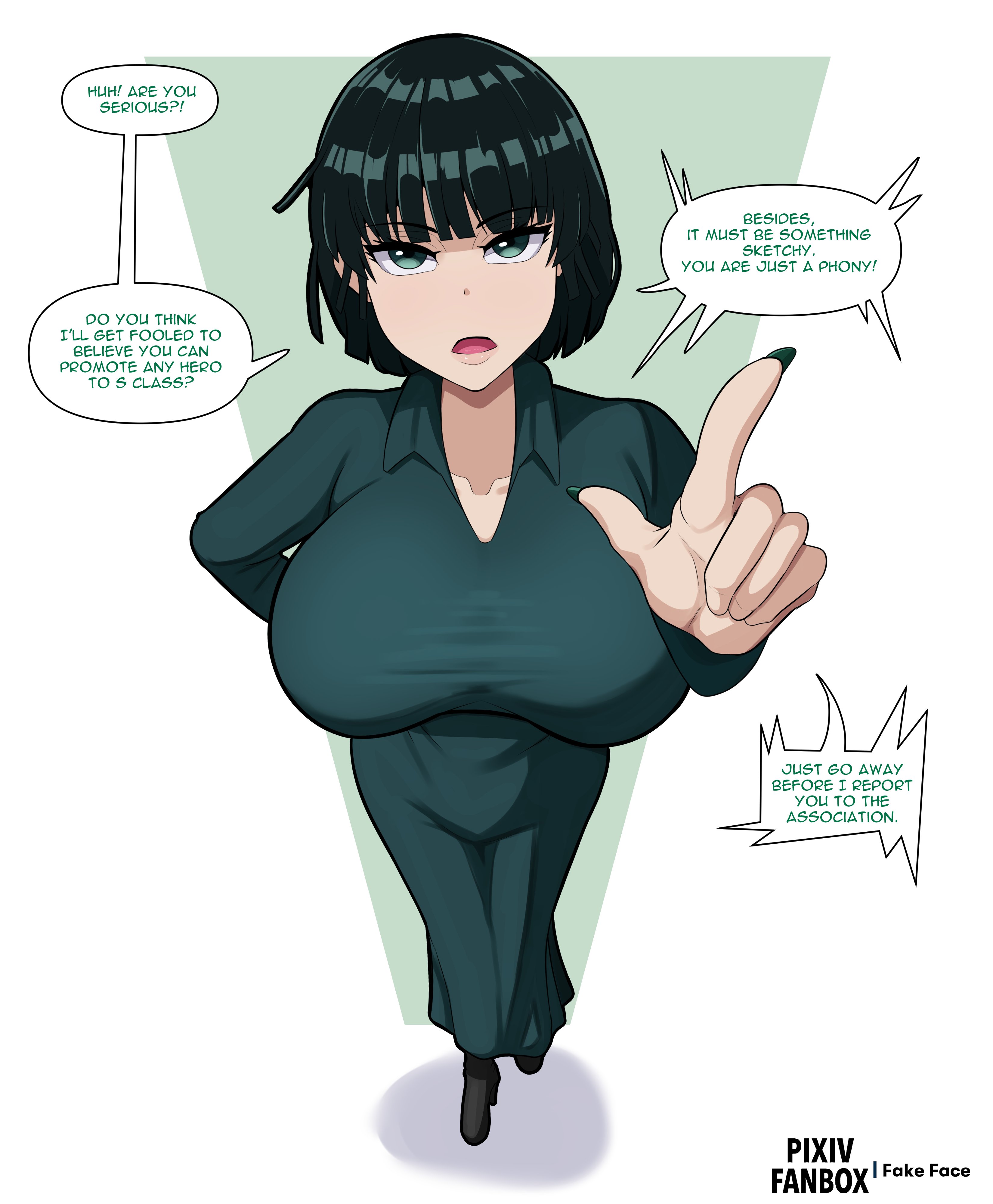 ass, bestiality, big ass, big breasts, breasts, fake face, female, fubuki (one-punch man), green eyes, green hair, human, one-punch man, open mouth, speech bubble, white skin