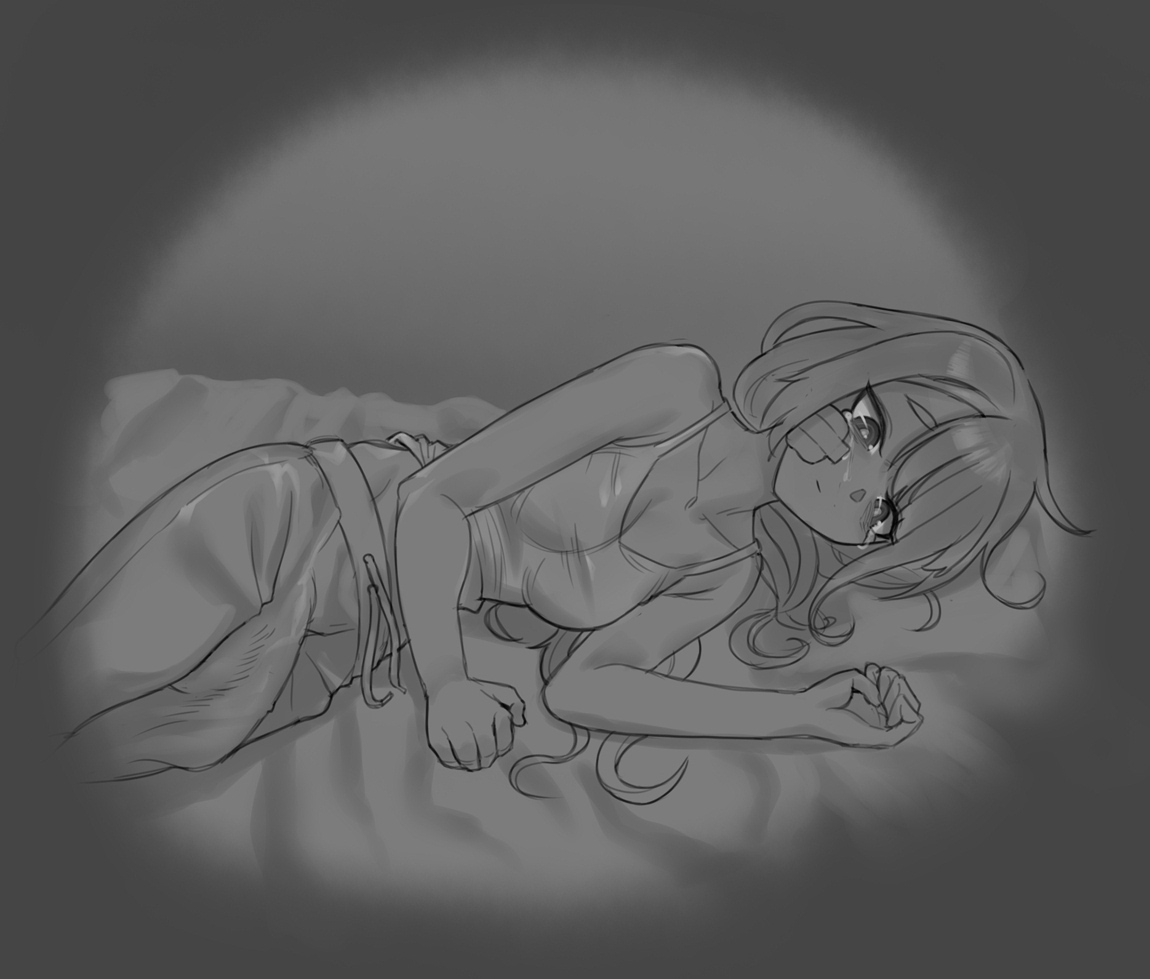 1futa, 2023, balls, bandage, bed, big penis, breasts, clothed, clothing, crying, emma (seconduspublius), flaccid, fully clothed, futa only, futanari, greyscale, human, injury, intersex, lying, lying on bed, oc, on side, original character, panzermeido, penis, secunduspublius, short hair, solo, solo futa, standing, story, young