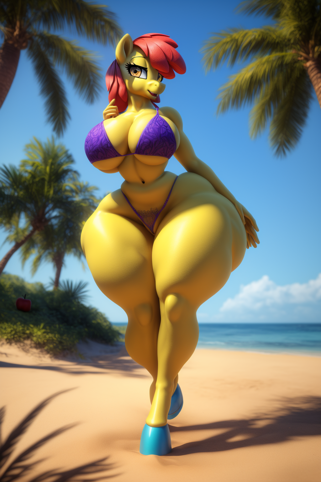 ai_generated amber_eyes anthro apple_bloom_(mlp) beach big_breasts bikini child_bearing_hips cleavage fur furry gigantic_hips gigantic_thighs hasbro hips_wider_than_shoulders hooves my_little_pony my_little_pony navel outdoors pony pony_ears red_hair stable_diffusion standing unrealistic_proportions voluptuous walking wgenjoyr4539 wide_hips yellow_body yellow_fur