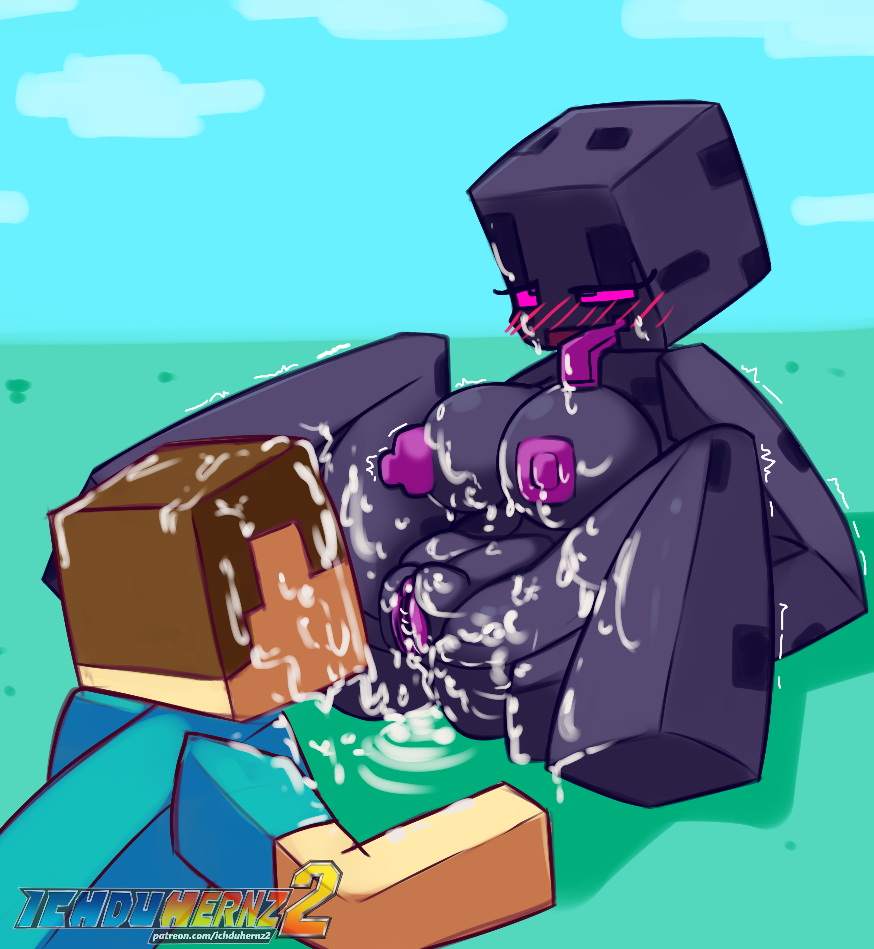 ahe gao, bedroom eyes, big breasts, black body, blush, blush lines, blushing, breasts, covered in cum, cum, cunnilingus, drool, drool string, drooling, enderman, enderwoman, excessive genital fluids, excessive pussy juice, eyes rolling back, female, ichduhernz, long eyelashes, minecraft, orgasm face, puffy nipples, purple eyes, purple nipples, purple pussy, purple sclera, pussy, pussy juice, rule 63, steve (minecraft), straight