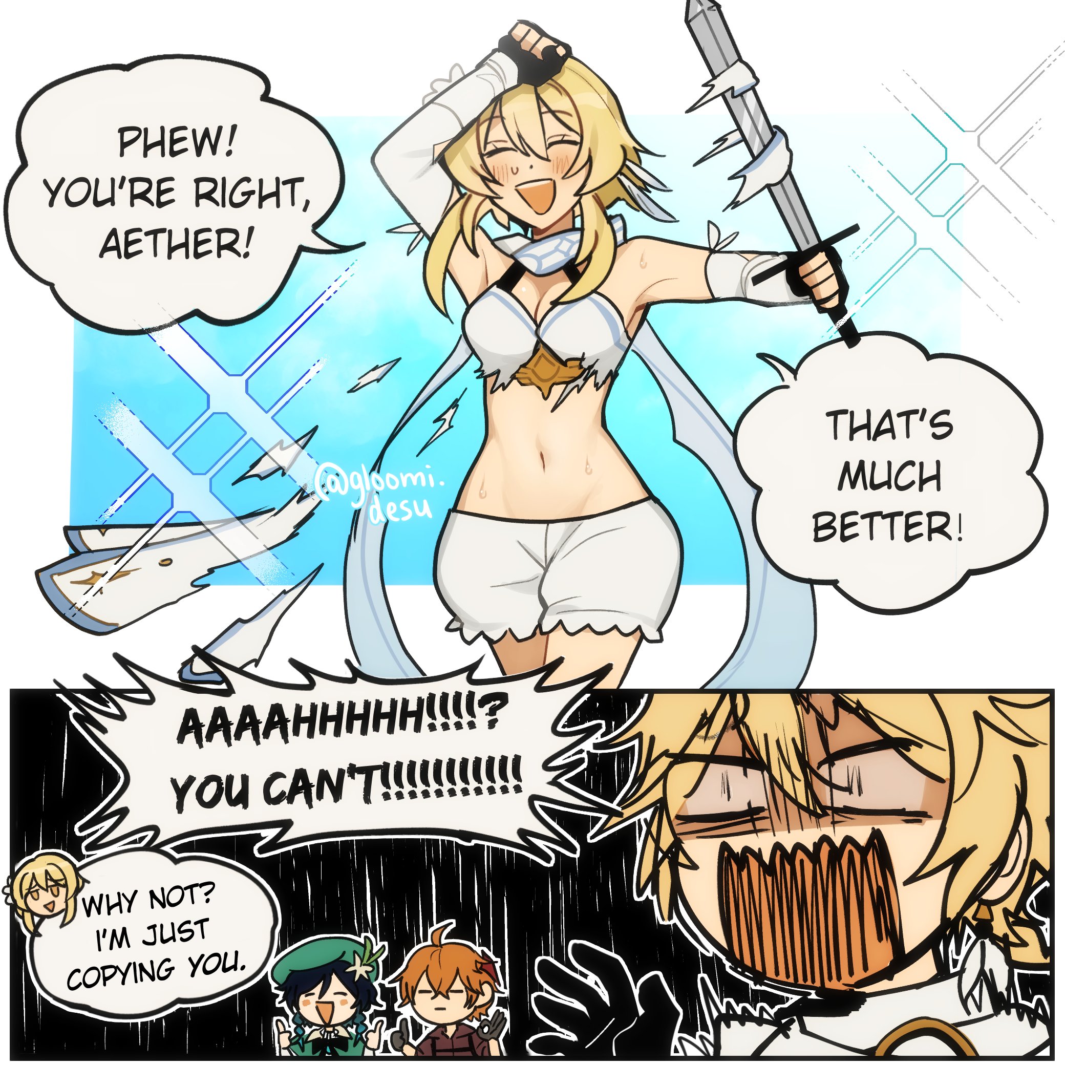 1girls, aether (genshin impact), bare midriff, blonde hair, bloomers, childe (genshin impact), cutting clothes, dialogue, english text, female, genshin impact, highres, hoyoverse, lumine (genshin impact), male, mihoyo, ok sign, ripped clothing, ripping clothing, self exposure, speech bubble, sweat, tartaglia (genshin impact), thumbs up, venti (genshin impact)