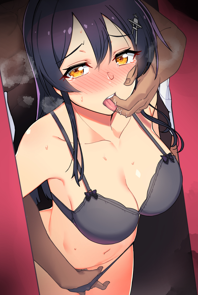 1boy black_bra black_hair black_panties blush bra breasts breath cleavage dark-skinned_male dark_skin female finger_in_another's_mouth fingering gloves hair_between_eyes hair_ornament kantai_collection large_breasts long_hair looking_at_viewer nose_blush open_mouth oyashio_(kantai_collection) panties saliva straight taketora_suzume tears tongue tongue_out underwear underwear_only white_gloves