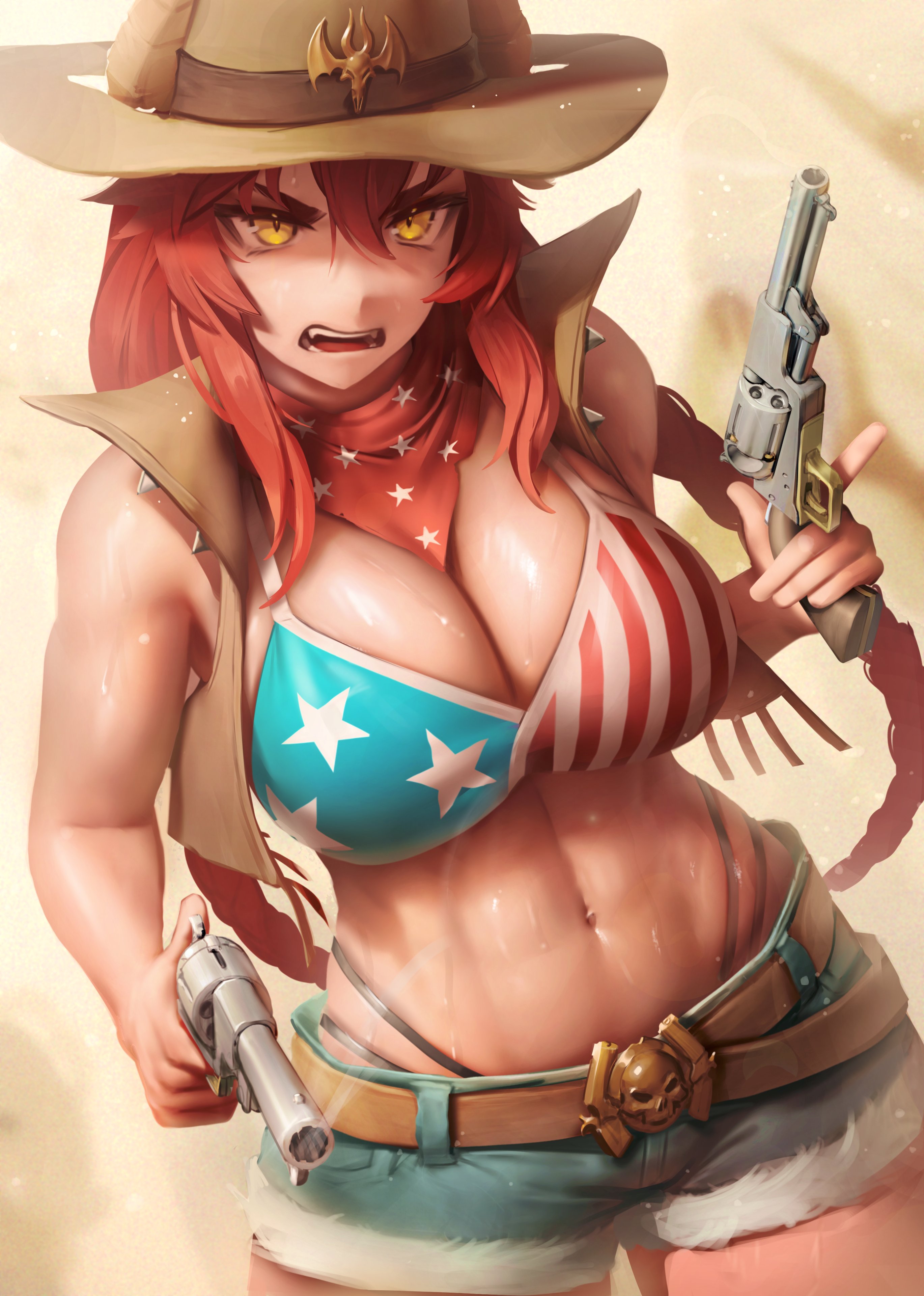 1girls, abs, absurd res, amber eyes, american flag, american flag bikini, angry, angry face, annoyed, annoyed expression, belt, big breasts, bikini, bikini top, braid, braided hair, breasts, busty, cleavage, clothed, clothing, cowboy hat, denim shorts, dragon girl, fangs, female, female only, firearm, g string, gun, handgun, highres, horns, large breasts, looking at viewer, muscles, muscular, muscular female, numanoan, open mouth, pale skin, red hair, revolver, short shorts, shorts, smoke from gun, solo, sweat, sweatdrop, sweating, swimwear, toned, toned female, vest, virtual youtuber, vshojo, vtuber, weapon, yellow eyes, zentreya, zentreya (cowboy bikini)