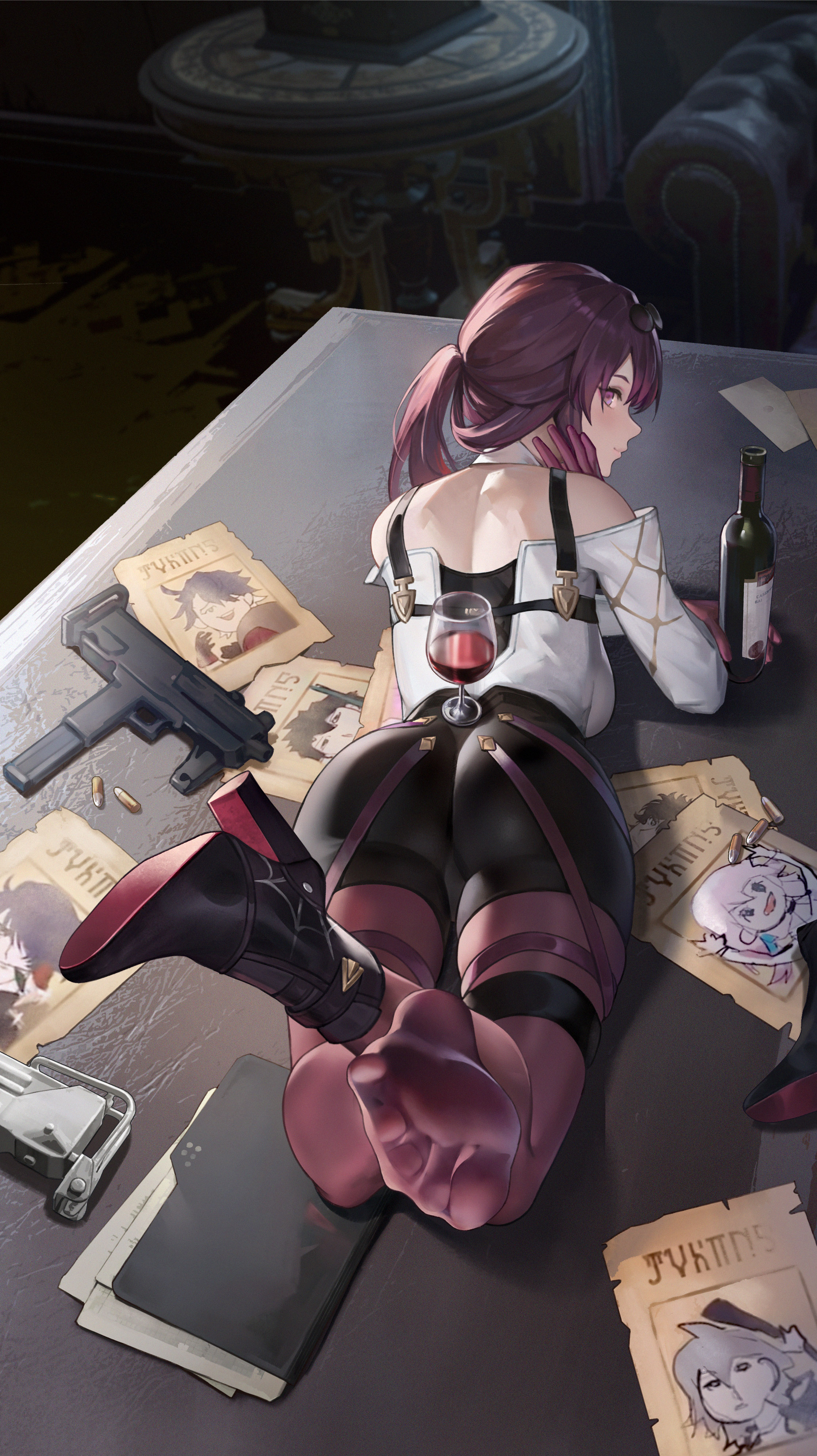 ass, eyewear on head, feet, female, hle64653591, honkai: star rail, kafka (honkai: star rail), looking back, pantyhose, red hair, sunglasses on head, wine, wine glass