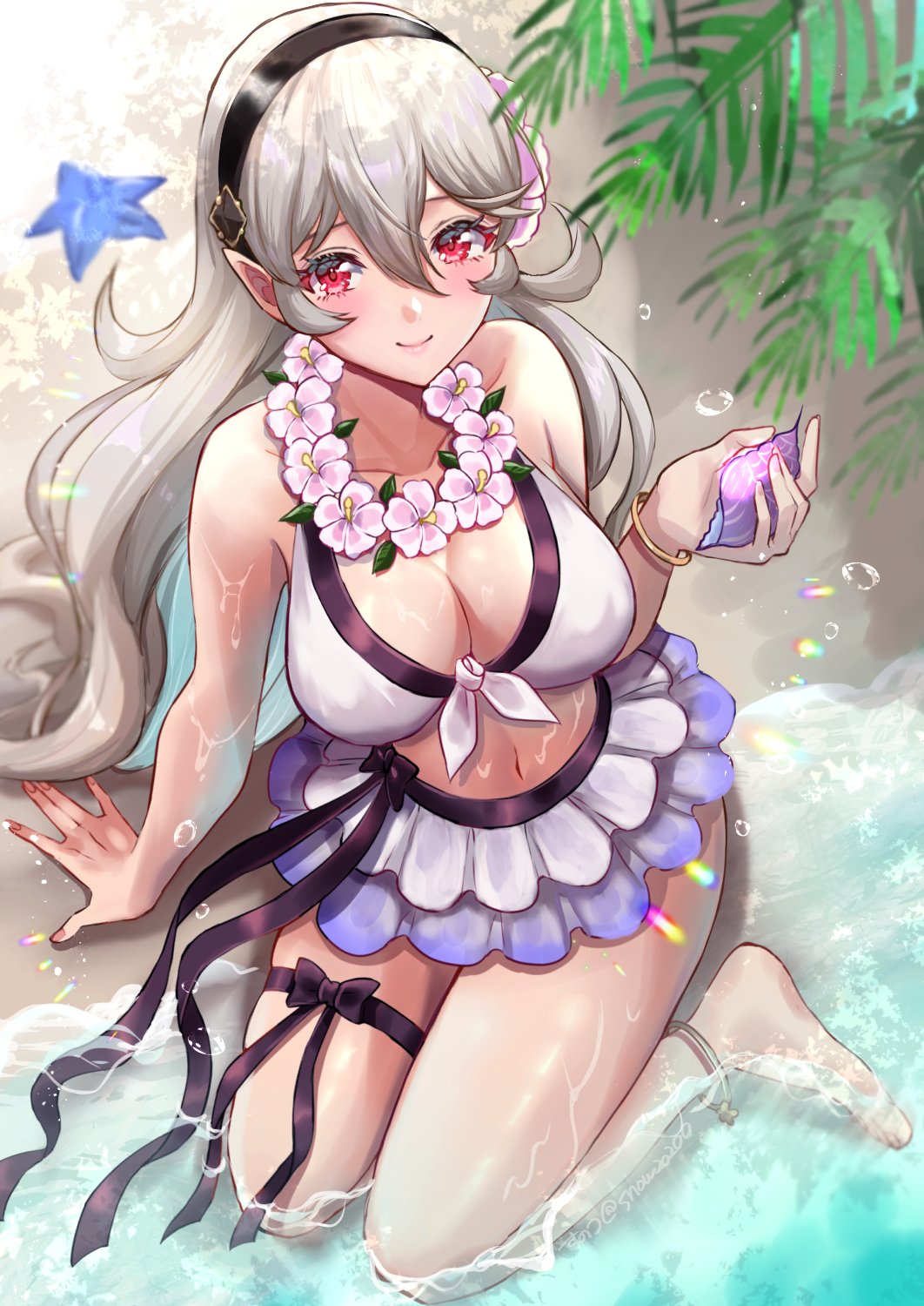 1girls alternate_costume anklet barefoot bikini breasts cleavage collar corrin_(female)_(fire_emblem) corrin_(female)_(summer)_(fire_emblem) corrin_(fire_emblem) female female female_only fire_emblem fire_emblem_fates fire_emblem_heroes flower flower_necklace frilled_bikini frills highres jewelry large_breasts lei long_hair looking_at_viewer multicolored_bikini multicolored_clothes nintendo official_alternate_costume partially_submerged pointy_ears purple_bikini red_eyes seashell shell sitting smile snow20200 solo starfish swimsuit white_bikini white_hair white_swimsuit