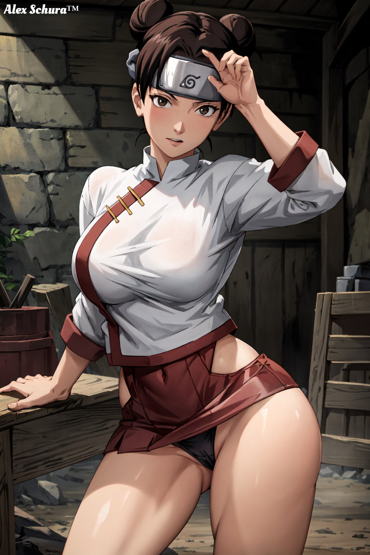 1girls, adapted costume, ai generated, alex-schura, arm support, athletic, athletic female, bare legs, bare thighs, brown eyes, brown hair, double bun, facing viewer, feet out of frame, female, female only, fit, fit female, forehead protector, front view, g-string, hair bun, headband, indoors, konohagakure symbol, looking at viewer, microskirt, miniskirt, muscular, muscular legs, muscular thighs, nai diffusion, naruto, naruto (series), naruto shippuden, panties, partially visible vulva, pinup, pussy, revealing clothes, shirt, skimpy, skimpy clothes, skirt, solo, solo focus, stable diffusion, standing, sweat, tenten, thick thighs, tight clothing, twin buns, voluptuous