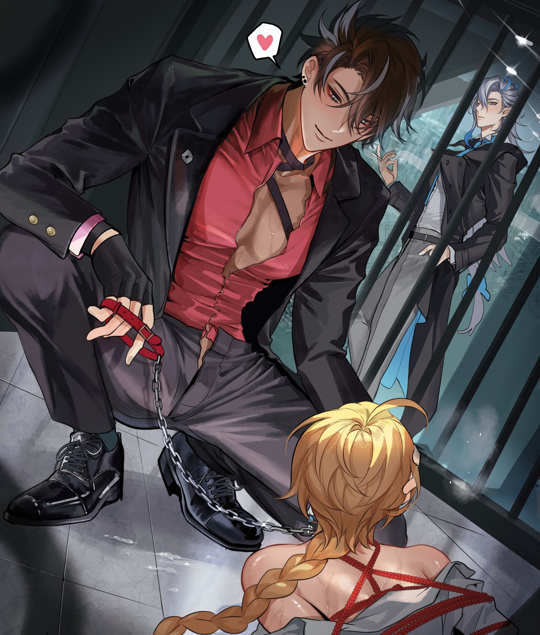2boys, 3boys, aether (genshin impact), bondage, braided ponytail, captured, chain leash, chains, clothing, femboy, gay, genshin impact, heart, holding, jail, larger male, leash, male, male focus, male only, maledom, muscular, muscular male, neuvillette (genshin impact), on floor, pnk crow, prison, prisoner, restrained, rope, slave, squatting, tied up, wriothesley (genshin impact), yaoi