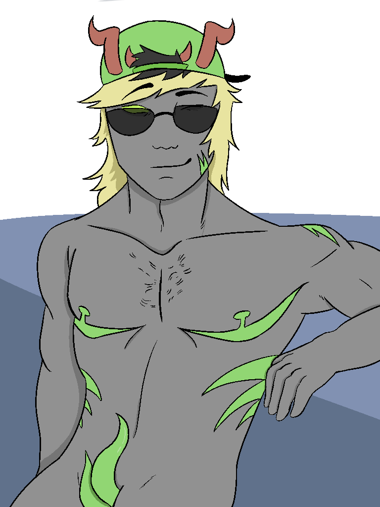 blonde_hair chest_hair fantroll hat homestuck homestuck_oc horns looking_at_viewer ms_paint_adventures original_character scars simple_background sunglasses tentacle_dick winking_at_viewer