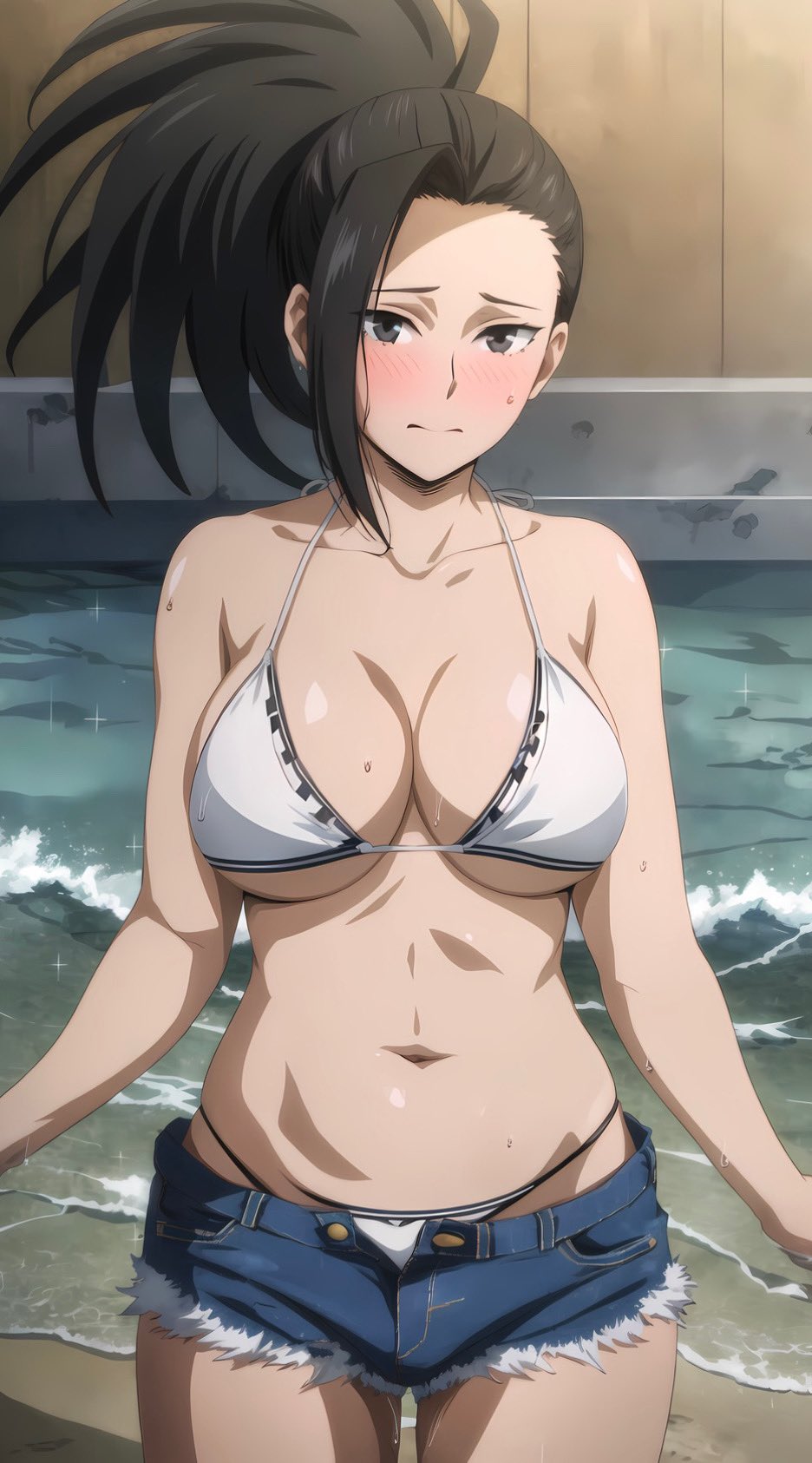 ai generated, big breasts, bikini, bikini top, black eyes, black hair, blush, breasts, busty, cleavage, female, human, looking at viewer, momo yaoyorozu, my hero academia, ponytail, pool, shorts, stable diffusion, stomach, teenager, yaoyorozu momo