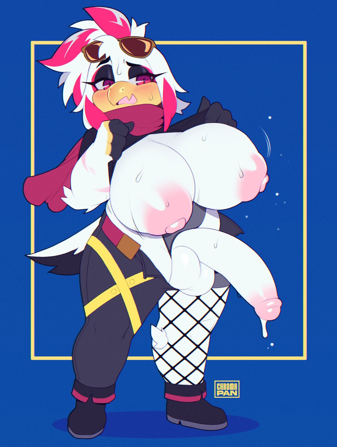 1futa, 2d, 3mangos, anthro, artist name, avian, balls, big breasts, bird, bodily fluids, bouncing breasts, breasts, chibi, chromapan, cum, cum drip, erection, eyewear, eyewear on head, futa only, futanari, genitals, hair, hi res, intersex, multicolored hair, nipples, open mouth, penis, pink nipples, red eyes, red hair, short hair, simple background, solo, sunglasses, sunglasses on head, sweat, watermark, white hair