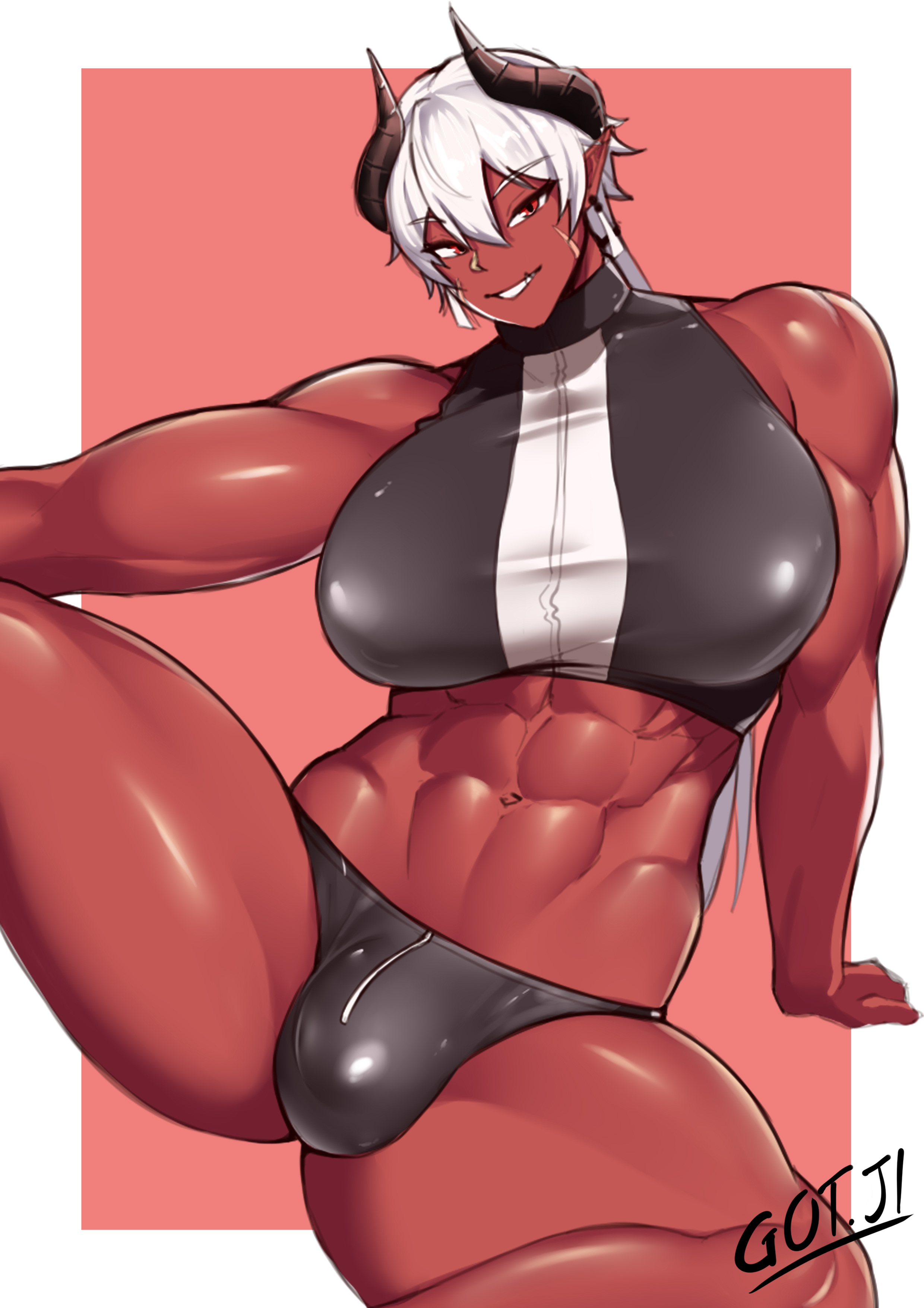 1futa, abs, belly, belly button, big breasts, big bulge, big penis, breasts, bulge, busty, clothed, clothing, curvaceous, curves, curvy, curvy body, curvy figure, demon, demon horns, devil, devil horns, female, fit, fit futa, flaccid, funa (gojich1), futa only, futanari, gojich1, horns, huge breasts, humanoid, intersex, large breasts, large bulge, muscles, muscular, muscular futa, partially clothed, penis, penis under clothes, red body, red eyes, red skin, scar, scar on face, scarred, scars, short hair, sitting, solo, thick, thick thighs, thighs, tomboy, toned, toned futa, tummy, white hair