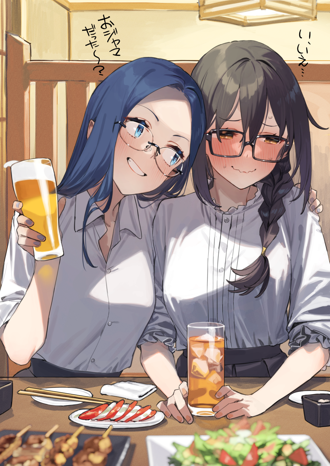 2girls barbecue beer breasts chopsticks clothing drinking drunk female food fully_clothed glasses nerd nerdy_female nervous_smile office_lady original original_character salad shoulder_grab shy smile sushi translation_request