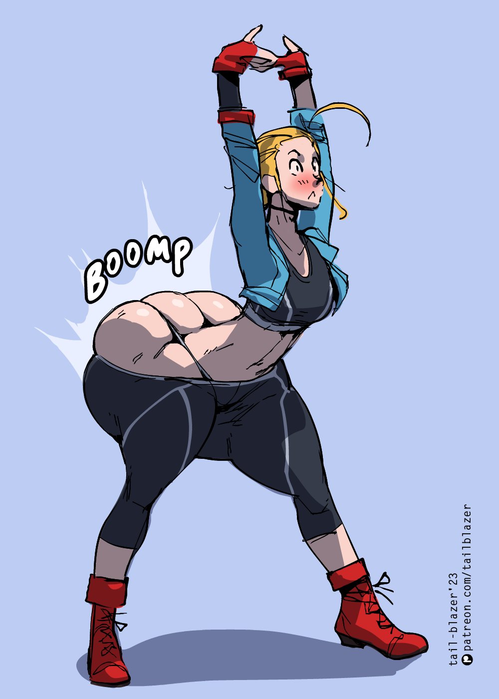 2023, ass, ass built separately, ass cleavage, ass crack, ass expansion, big ass, big butt, black choker, blonde hair, blush, boots, breasts, butt crack, cammy white, capcom, choker, embarrassed, fat ass, female, fingerless gloves, huge ass, huge butt, large ass, large butt, panties, pants, shirt, sports bra, street fighter, street fighter 6, tail-blazer, thick ass, thick butt, thick thighs
