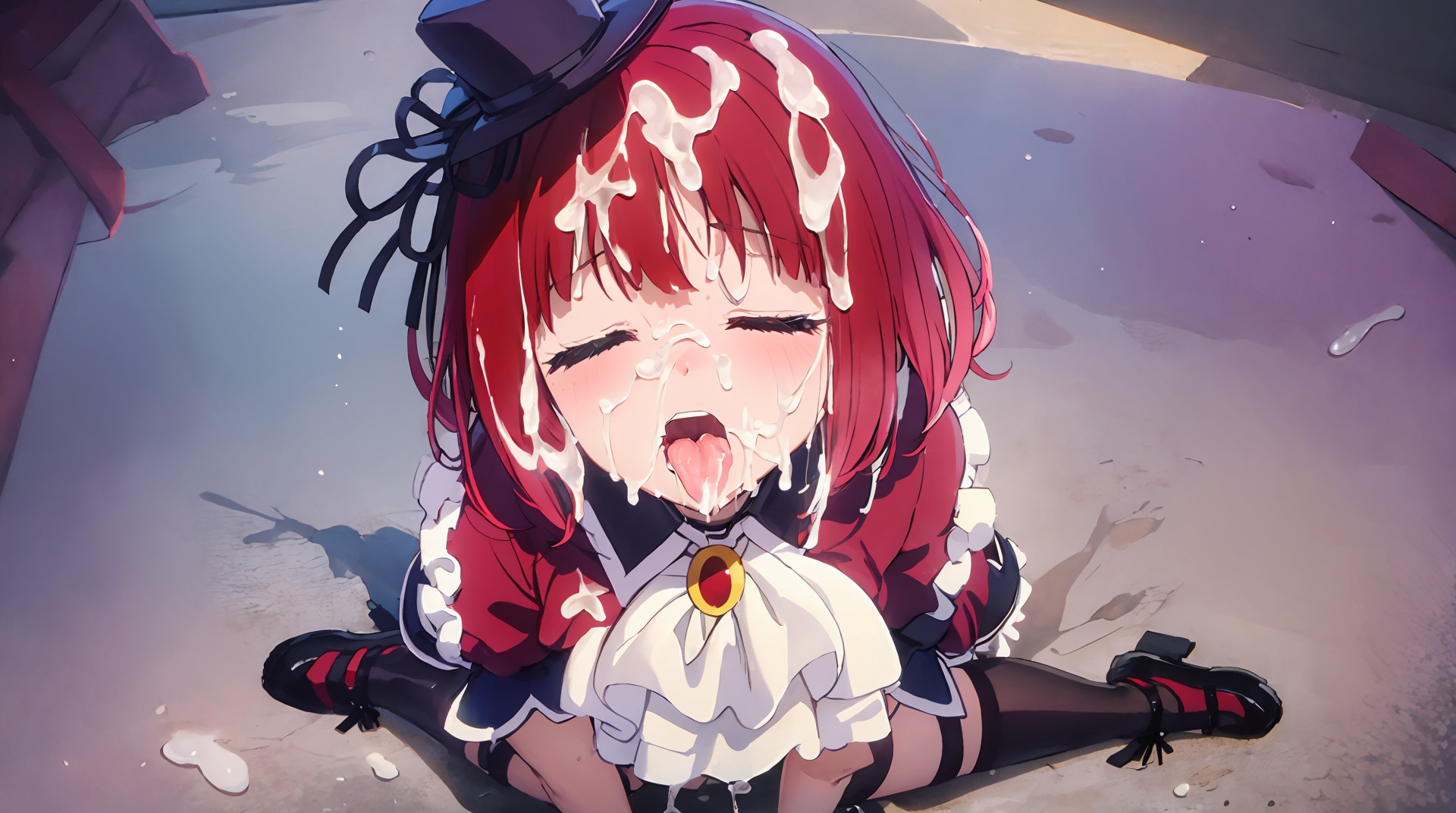 1girls, ai generated, arima kana, backstage, bukkake, closed eyes, clothed, cum, cum in mouth, cumshot, ejaculation, facial, female, idol, kneeling, open mouth, oshi no ko, red hair, stable diffusion, tongue, tongue out
