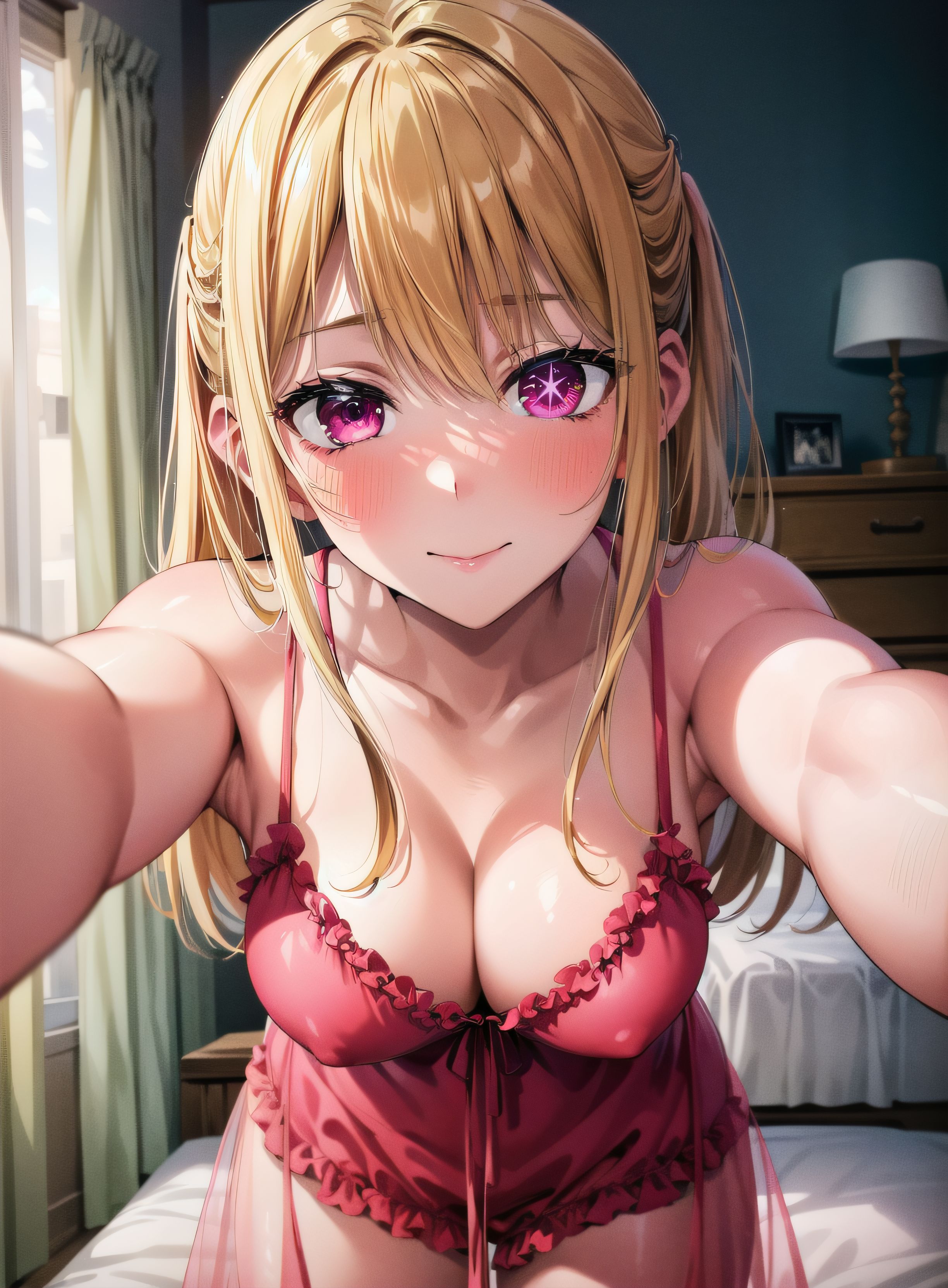 1girls, ai generated, armpits, bedroom, blonde hair, blush, clothed, collarbone, erect nipples, female, front view, hi res, highres, holding, hoshino ruby, hug, intimate, lingerie, long hair, looking at viewer, nipples, oshi no ko, pony, pov, purple eyes