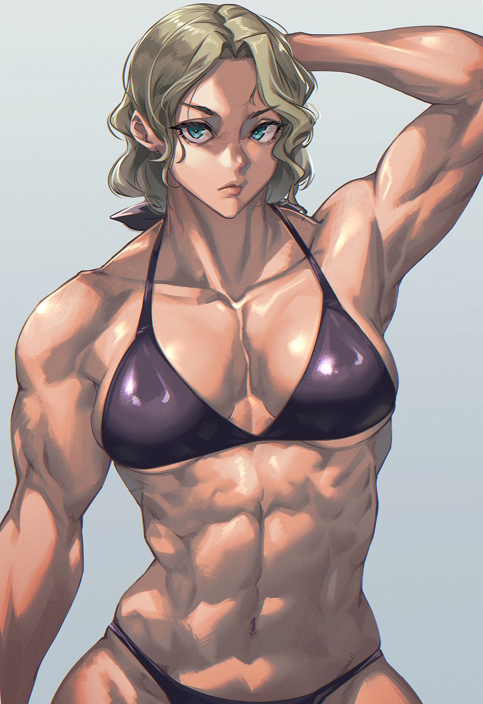 1girls abs arms_behind_head biceps bikini blonde_hair cleavage cowboy_shot looking_at_viewer mikel_bk muscular muscular_female navel original solo standing swimsuit turquoise_eyes