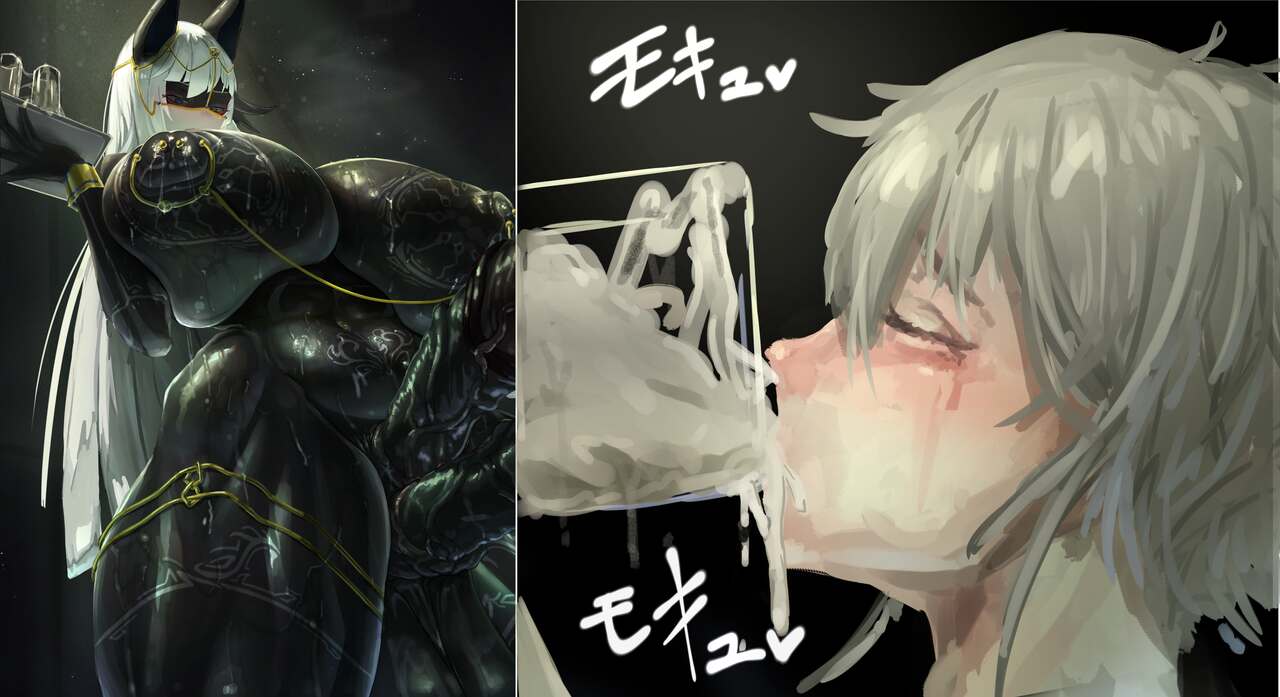 1boy, 1futa, 2 penises, animal genitalia, areolae, balls, black body, black skin, breasts, canvassolaris, censored, cum, dark skin, diphallia, diphallism, drinking cum, equine penis, erection, femboy, futanari, gaping urethra, gokkun, half-erect, heterochromia, horsecock, huge balls, huge breasts, huge cock, huge penis, huge testicles, humanoid, hyper, hyper penis, intersex, large breasts, large penis, light skin, light-skinned male, long hair, low-angle view, male, mask, multi genitalia, multi penis, nipple chain, nipple piercing, nipples, nude, penis, piercing, precum, pubic tattoo, silver hair, solo focus, source request, standing, sweat, tattoo, testicles, thick thighs, urethra, veil, veiny penis, waitress, white hair, wide hips