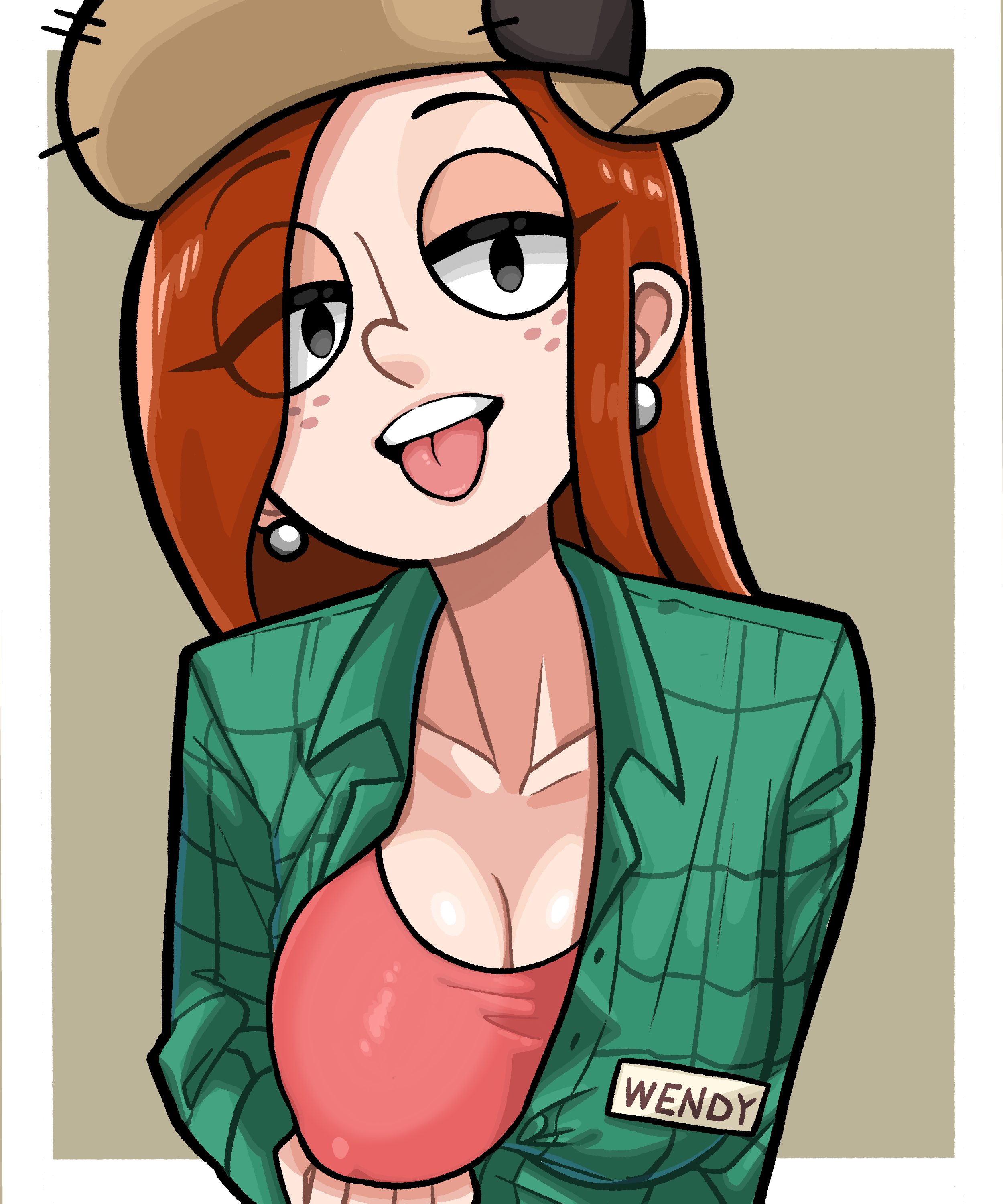 1girls, 2023, big breasts, black eyes, breasts, brown background, busty, button down shirt, character name, cleavage, clothed, clothed female, clothes, clothing, disney, disney channel, disney xd, earrings, female, flannel, freckles, freckles on face, front view, fully clothed, gravity falls, hair, hat, headwear, hi res, human, large breasts, light skin, light-skinned female, long hair, looking at viewer, n k m, nipple bulge, nipples, open mouth, open shirt, orange hair, pose, posing, presenting, presenting breasts, red hair, shirt, shirt down, shirt pull, simple background, solo, straight hair, swimsuit, swimsuit under clothes, teenager, teeth, tongue, tongue out, topwear, wendy corduroy