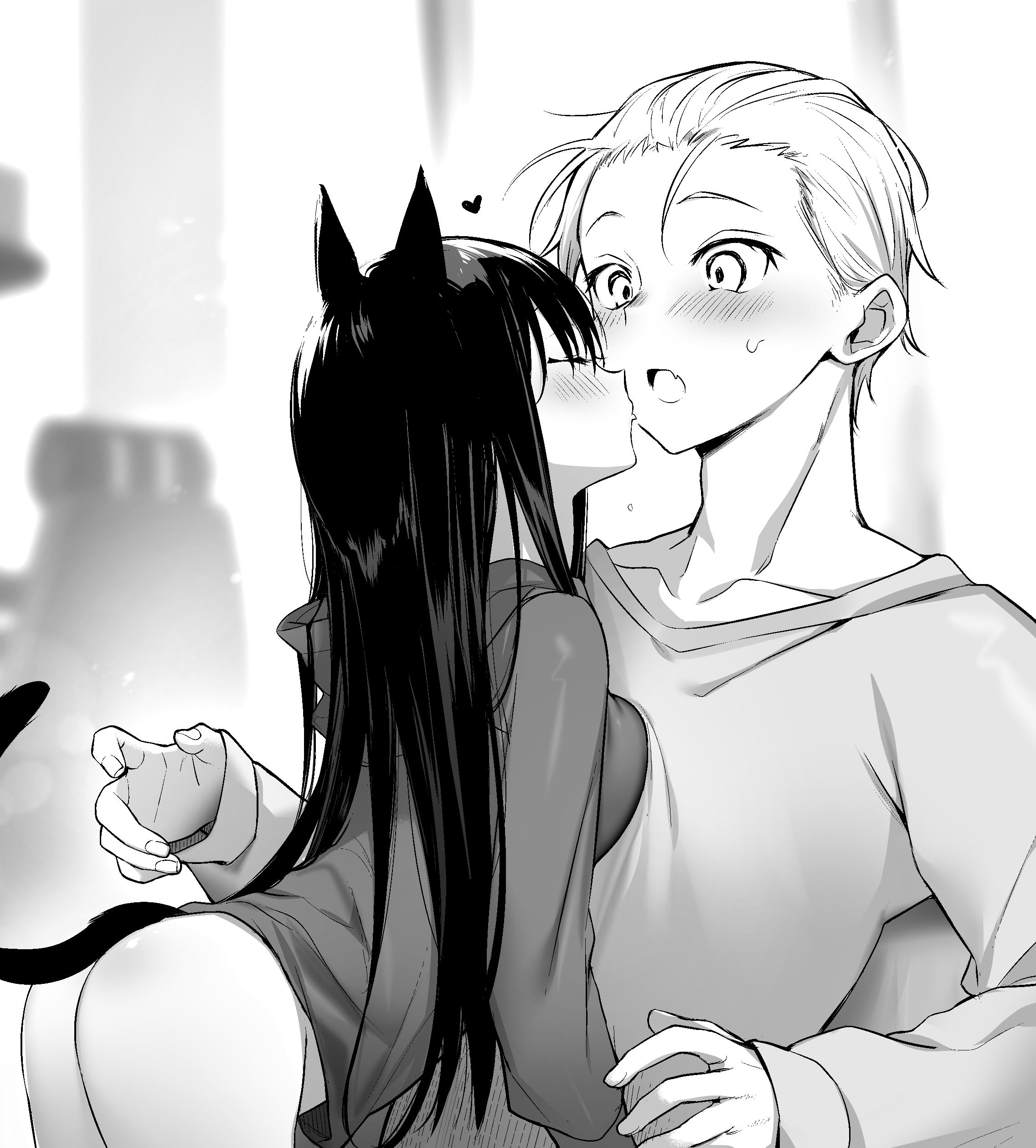 1boy, 1girls, ass, black hair, blush, blushing, breast press, breasts, cat ears, cat girl, cat tail, catgirl, closed eyes, edit, edited, female, greyscale, kissing, kissing cheek, kurimochi chizuru, male, monochrome, no panties, original, shirt, wholesome