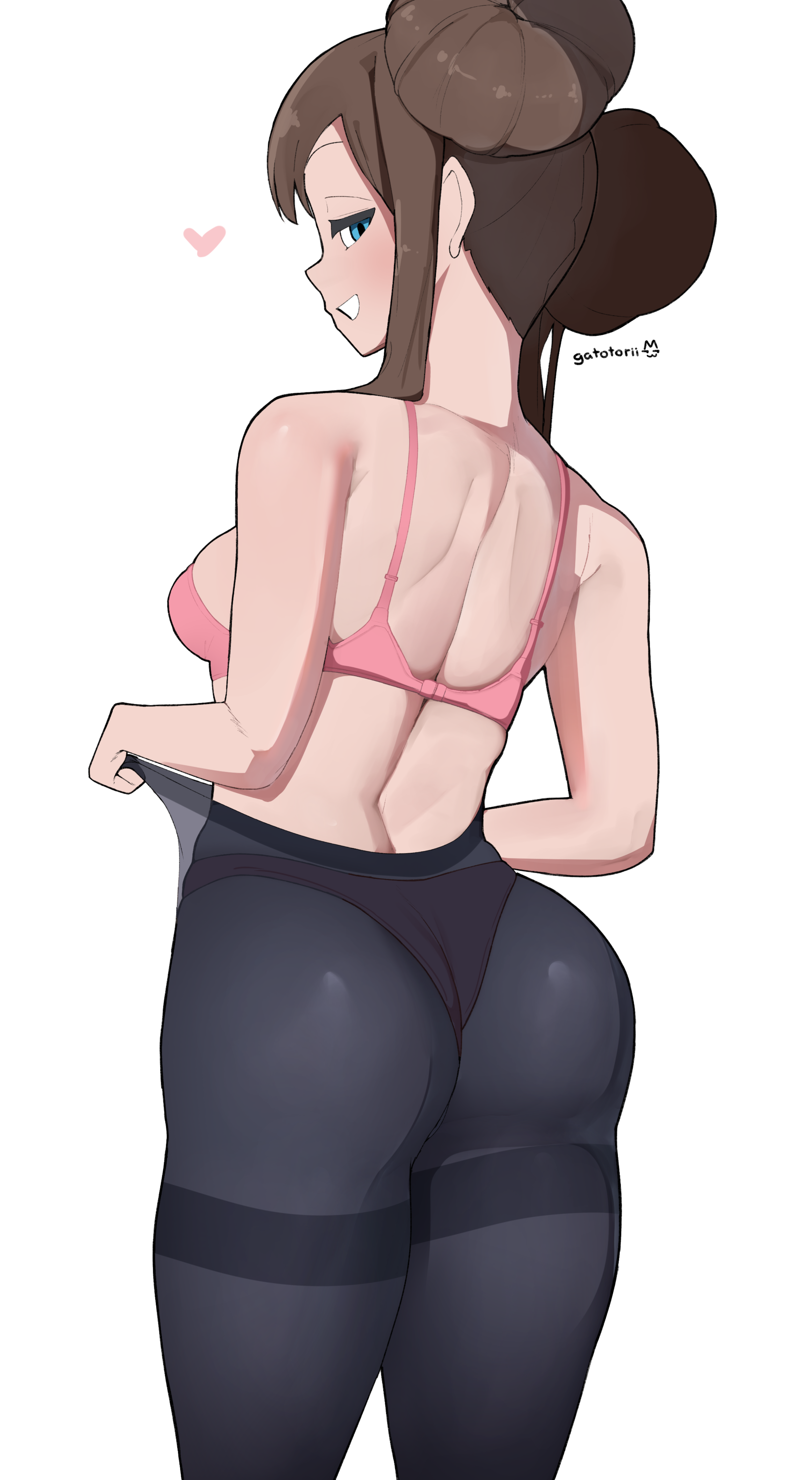 1girls, aqua eyes, ass, black legwear, bra, breasts, brown hair, double bun, female, female focus, gatotorii, hair bun, hi res, medium breasts, panties, pantyhose, pink bra, pokemon, pokemon (game), pokemon bw2, rosa (pokemon), see-through, solo, twintails, underwear