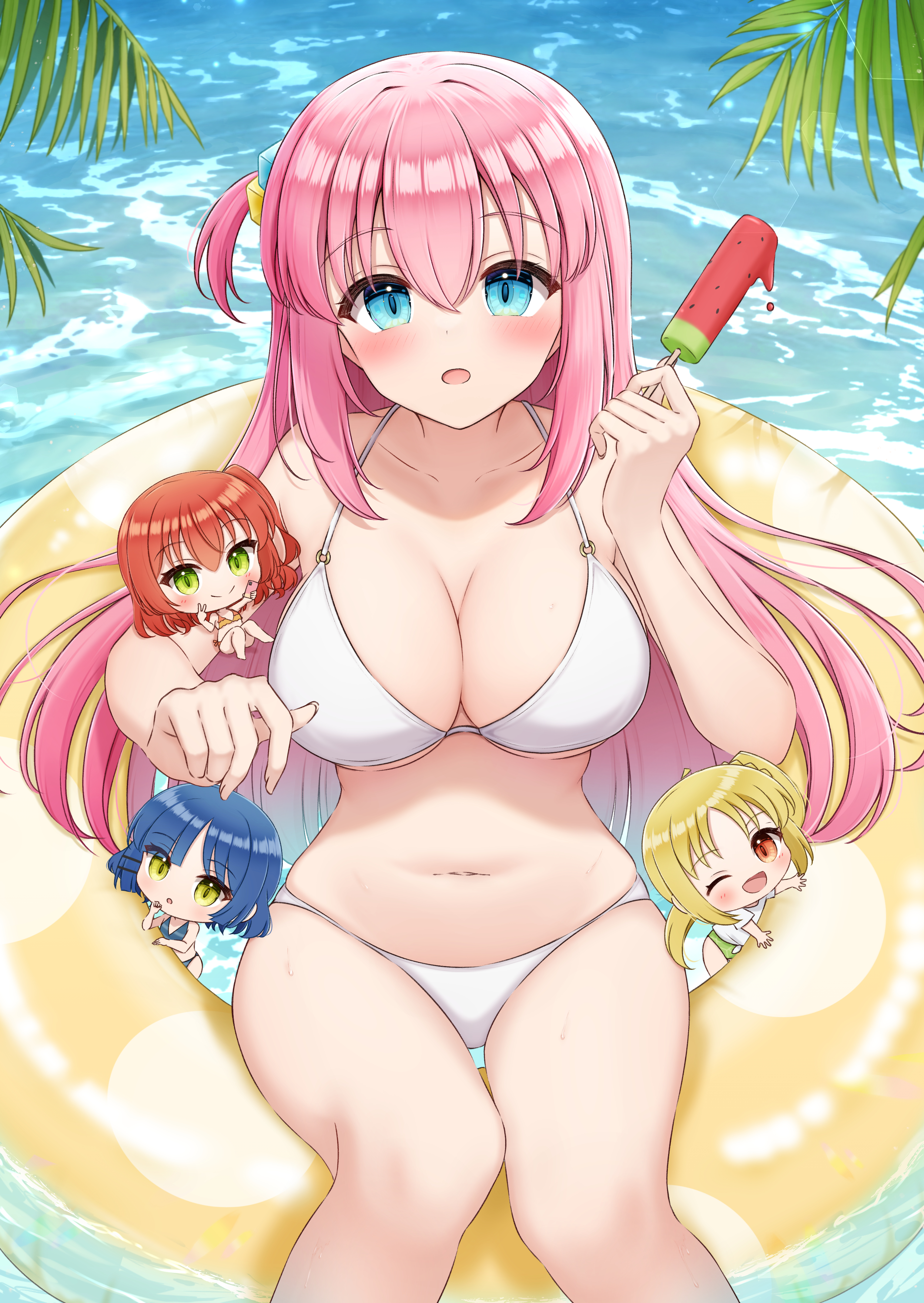 :o, 1girls, bare arms, bare belly, bare chest, bare hands, bare hips, bare knees, bare legs, bare midriff, bare navel, bare shoulders, bare skin, bare thighs, belly, belly button, bikini, bikini bottom, bikini only, bikini top, blue eyes, blue-eyed female, blush, blush face, blush stickers, blushing, blushing female, bocchi the rock!, breasts, busty, busty female, busty teenager, chibi, cleavage, collarbone, curvaceous, curvaceous body, curvaceous female, curvaceous figure, curvaceous hips, curvaceous teenager, curvaceous thighs, curvy, curvy body, curvy female, curvy figure, curvy hips, curvy thighs, elbows, exposed arms, exposed belly, exposed chest, exposed hips, exposed legs, exposed midriff, exposed navel, exposed shoulders, exposed skin, exposed thighs, female, female focus, female only, fingernails, fingers, floatie, gotou hitori, groin, hair between eyes, hair ornament, halterneck, high resolution, high school student, highres, horizon, hourglass figure, huge breasts, ijichi nijika, kita ikuyo, knees, large breasts, lean figure, long hair, looking at viewer, midriff, narrow waist, navel, ocean, open mouth, parted lips, pink eyebrows, pink hair, pink-haired female, popsicle, schoolgirl, sea, seaside, shoulders, sitting, slender body, slender waist, slim waist, solo, string bikini, swimsuit, swimwear, teenage female, teenager, thick thighs, thigh gap, thighs, tongue, upper body, watermelon, white bikini, white bikini bottom, white bikini top, white string bikini, white swimsuit, white swimwear, wide hips, yamada ryou, young female, young woman, yukiunag1