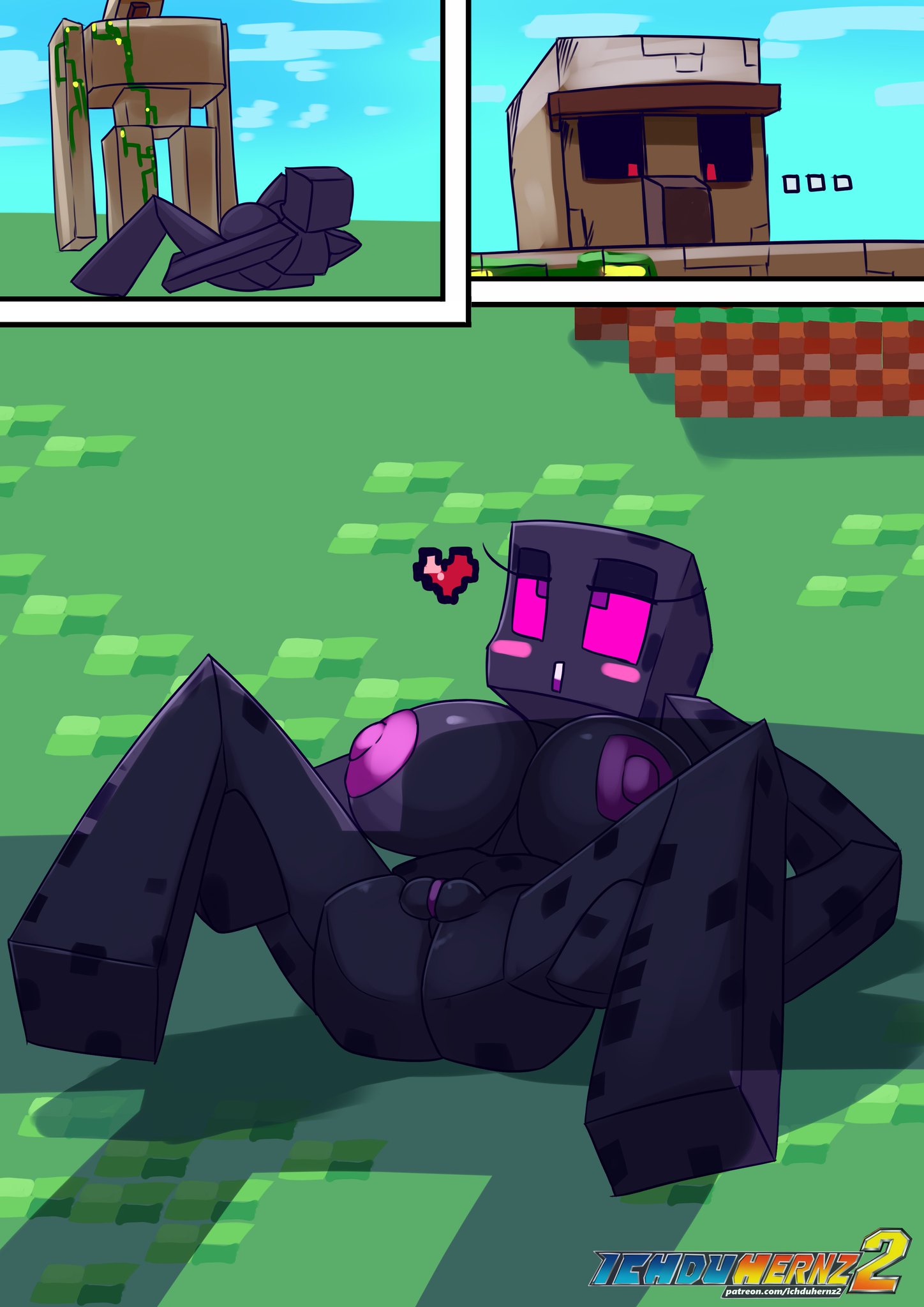 1boy, 1girls, black body, black nose, breasts, enderman, enderwoman, female, ichduhernz, iron golem (minecraft), male, minecraft, outside, purple eyes, purple nipples, purple pussy, pussy, small breasts, spread legs, straight, tagme, wet pussy