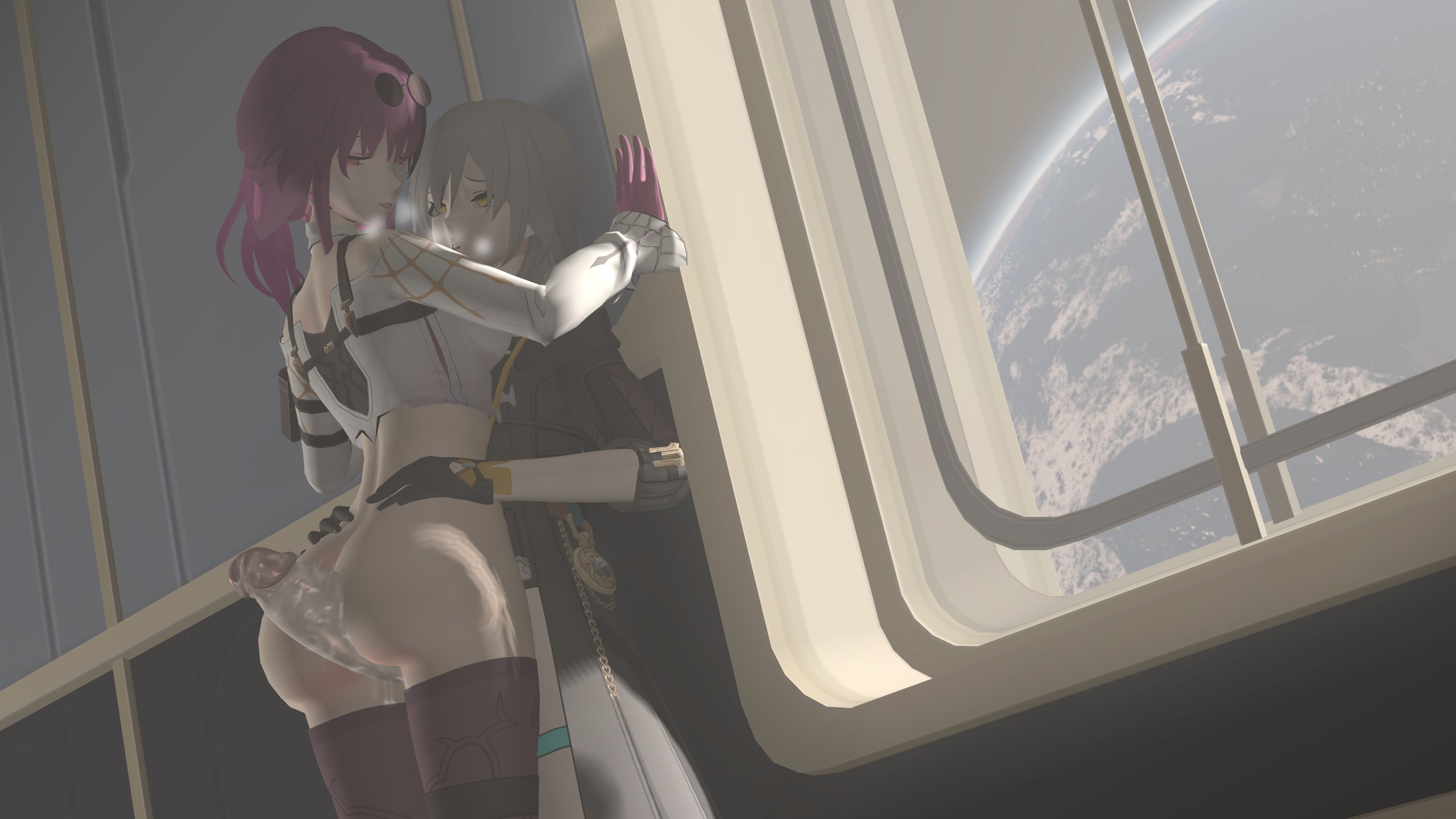 1futa, 1girls, 3d, eyewear on head, female, futa on female, futanari, honkai: star rail, intersex, kafka (honkai: star rail), light skin, light-skinned female, light-skinned futa, stelle (honkai: star rail), sunglasses on head, theboobedone