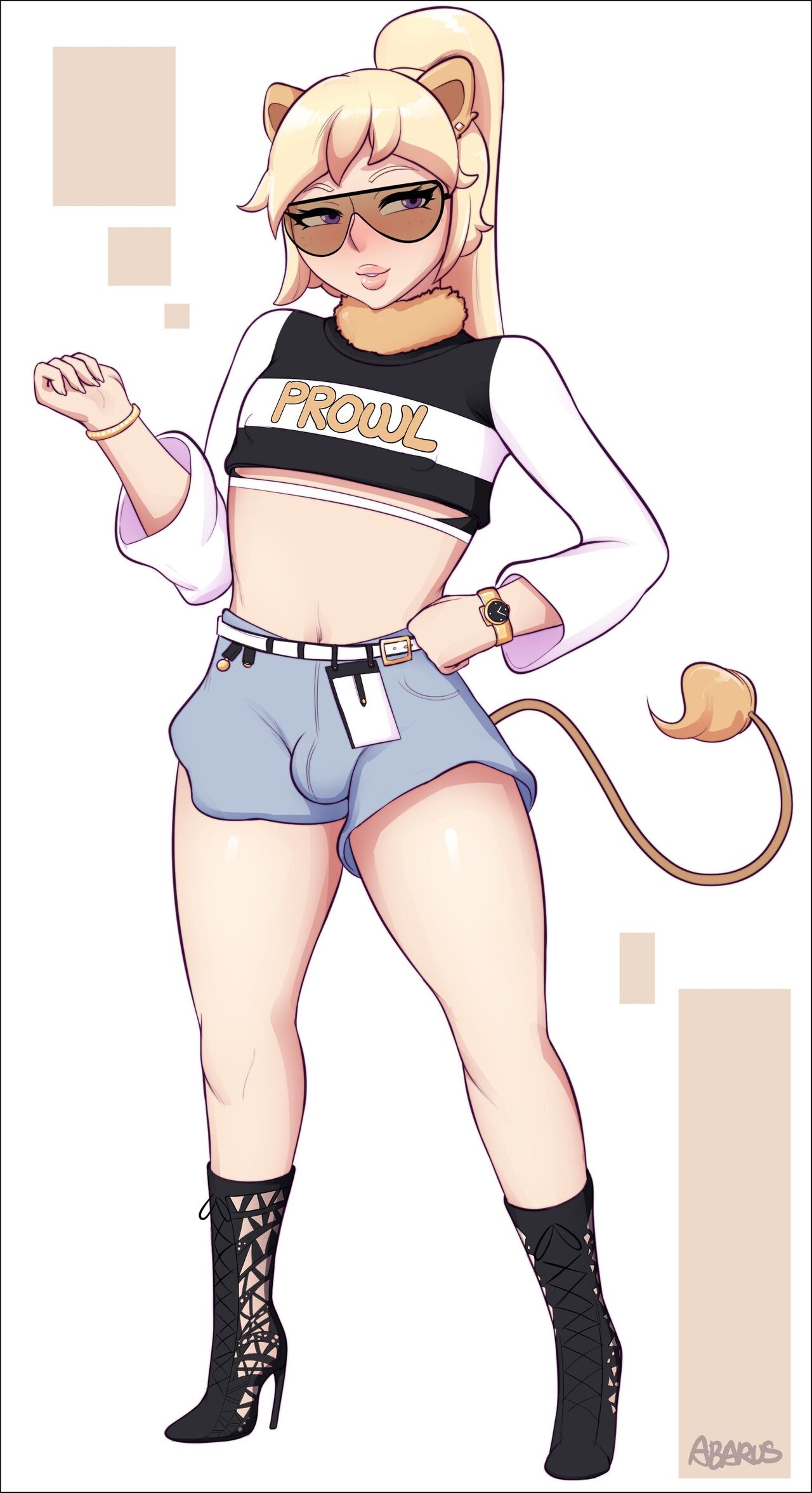 1boy 1male abarus androgynous animal_ears animal_tail blonde_hair bulge crop_top english_text femboy freckles high_heel_boots high_heels lion_ears lion_tail male male_only original ponytail purple_eyes skirt skirt_bulge solo sunglasses tagme tail text trap