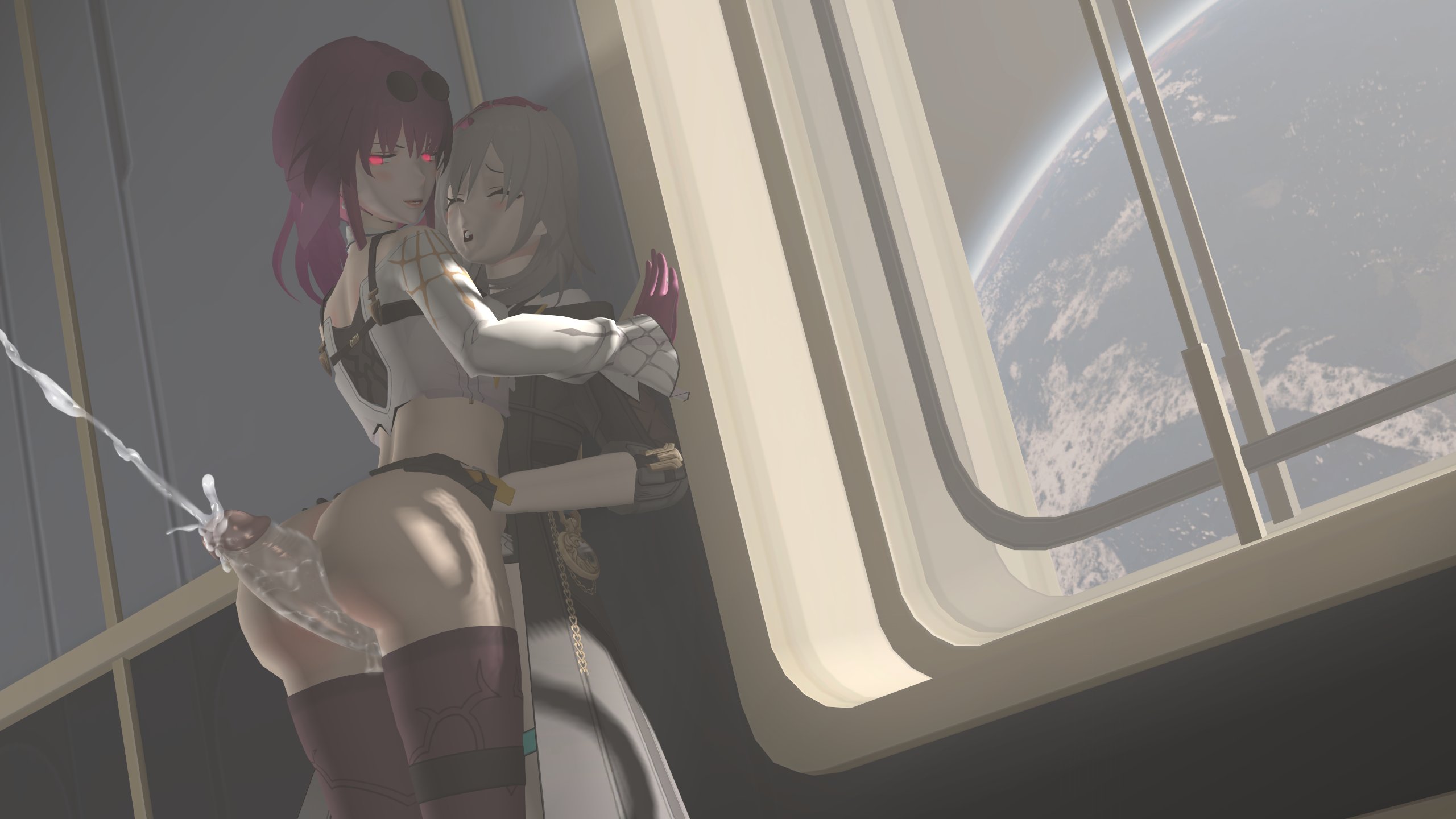 1futa, 1girls, 3d, eyewear on head, female, futa on female, futanari, honkai: star rail, intersex, kafka (honkai: star rail), light skin, light-skinned female, light-skinned futa, stelle (honkai: star rail), sunglasses on head, theboobedone