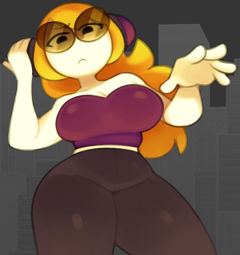 2023 big_breasts female glasses hand_on_head hand_on_headphones hand_on_headwear headphones long_hair looking_at_viewer looking_down looking_down_at_viewer mc_adore nintendo pants readraws reahmi rekkadraws rhythm_heaven rhythm_heaven_fever thick_thighs voluptuous white_body wide_hips wide_thighs