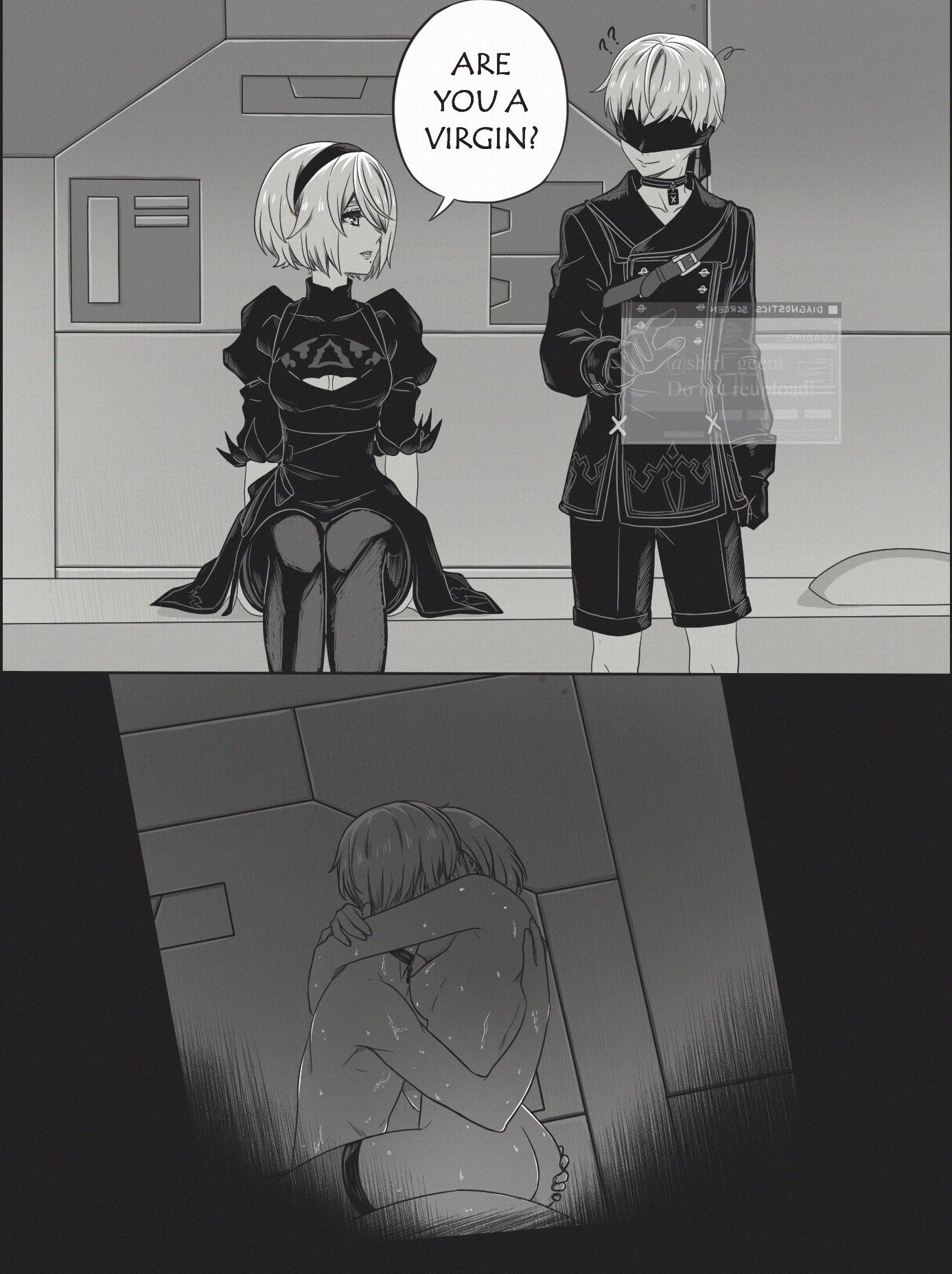 1boy, 1girls, 2koma, age difference, android, are you a virgin? (meme), asking, asking a question, asking for it, asking for sex, ass, ass grab, athletic, athletic female, athletic male, blindfold, boob window, boots, breasts, choker, collage, collar, comic, commentary, computer, contemporary, cowgirl position, dress, english commentary, female, fit, fit female, fit male, french kiss, hacking, hairband, hand on ass, hand on butt, instant loss, instant loss 2koma, juliet sleeves, kissing, kissing while penetrated, large breasts, male, medium breasts, miniskirt, monochrome, nier (series), nier: automata, older female and younger male, robot, romantic, sex, shirl geem, short hair, sitting, sitting on lap, sitting on person, skirt, straddling, straddling lap, straight, sweat, sweatdrop, sweating, sweaty, tagme, thigh boots, thighhighs, tongue, upright straddle, virgin, virginity loss, white hair, wholesome, yorha 2b, yorha 9s
