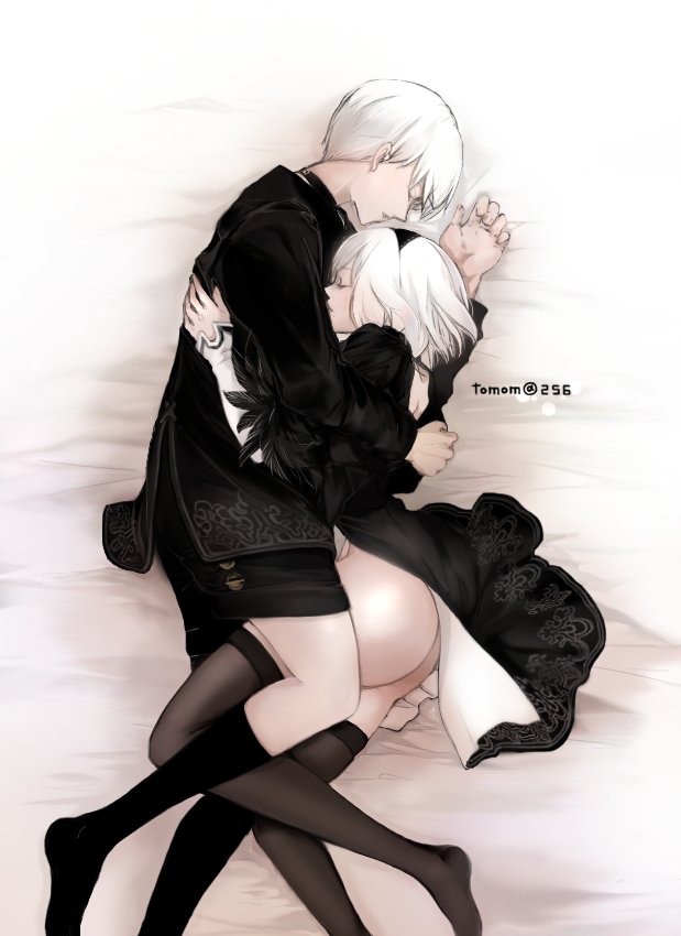 1boy ass black_jacket black_thighhighs closed_eyes cuddle cuddling female hair_between_eyes hairband jacket nier:_automata nier_(series) no_panties pantyhose puffy_sleeves romantic short_hair shorts sleeping socks straight thighhighs tomomo white_hair yorha_2b yorha_9s