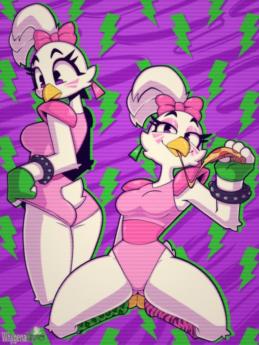 anthro, bird, bowtie, breasts, chicken, crouching, detailed background, earrings, female, fingerless gloves, five nights at freddy's, five nights at freddy's: security breach, glamrock chica (fnaf), legwear, leotard, multicolored clothing, perky breasts, pizza, scottgames, solo, steel wool studios, thick thighs, whygena, wrist cuffs