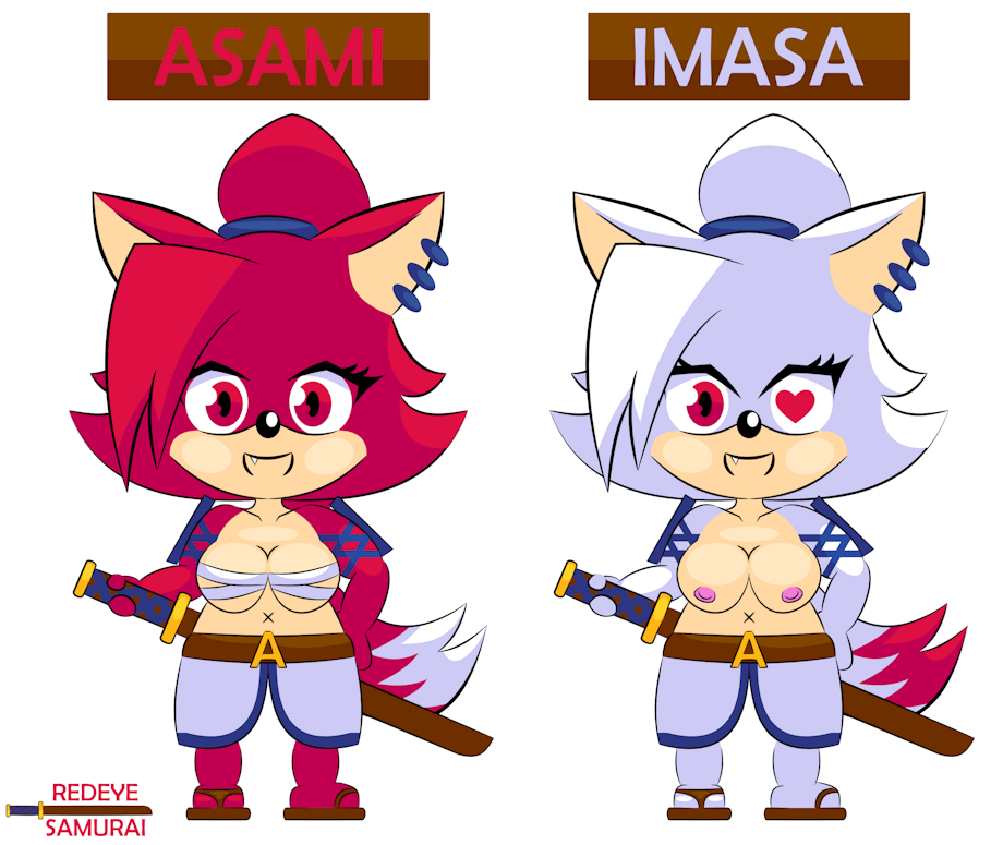 anthro armor asami_the_cat big_breasts breasts chest_wraps chibi clothed clothing digital_media_(artwork) duo ear_piercing fan_character feet female fur hair humanoid long_hair looking_at_viewer melee_weapon nipples open_mouth piercing red_body red_eyes red_fur red_hair redeye_samurai_(artist) sega simple_background smile sonic_(series) sonic_the_hedgehog_(series) standing sword teeth weapon white_body white_fur