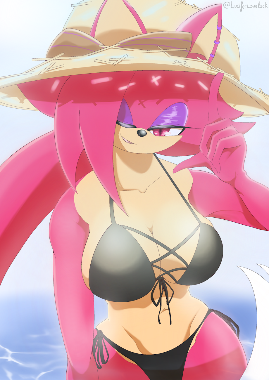 anthro asami_the_cat ass big_breasts breasts clothed clothing digital_media_(artwork) drawing ear_piercing fan_character female fur hair hi_res humanoid long_hair looking_at_viewer open_mouth piercing red_body red_eyes red_fur red_hair sega simple_background smile solo sonic_(series) sonic_the_hedgehog_(series) standing swimwear unknown_artist